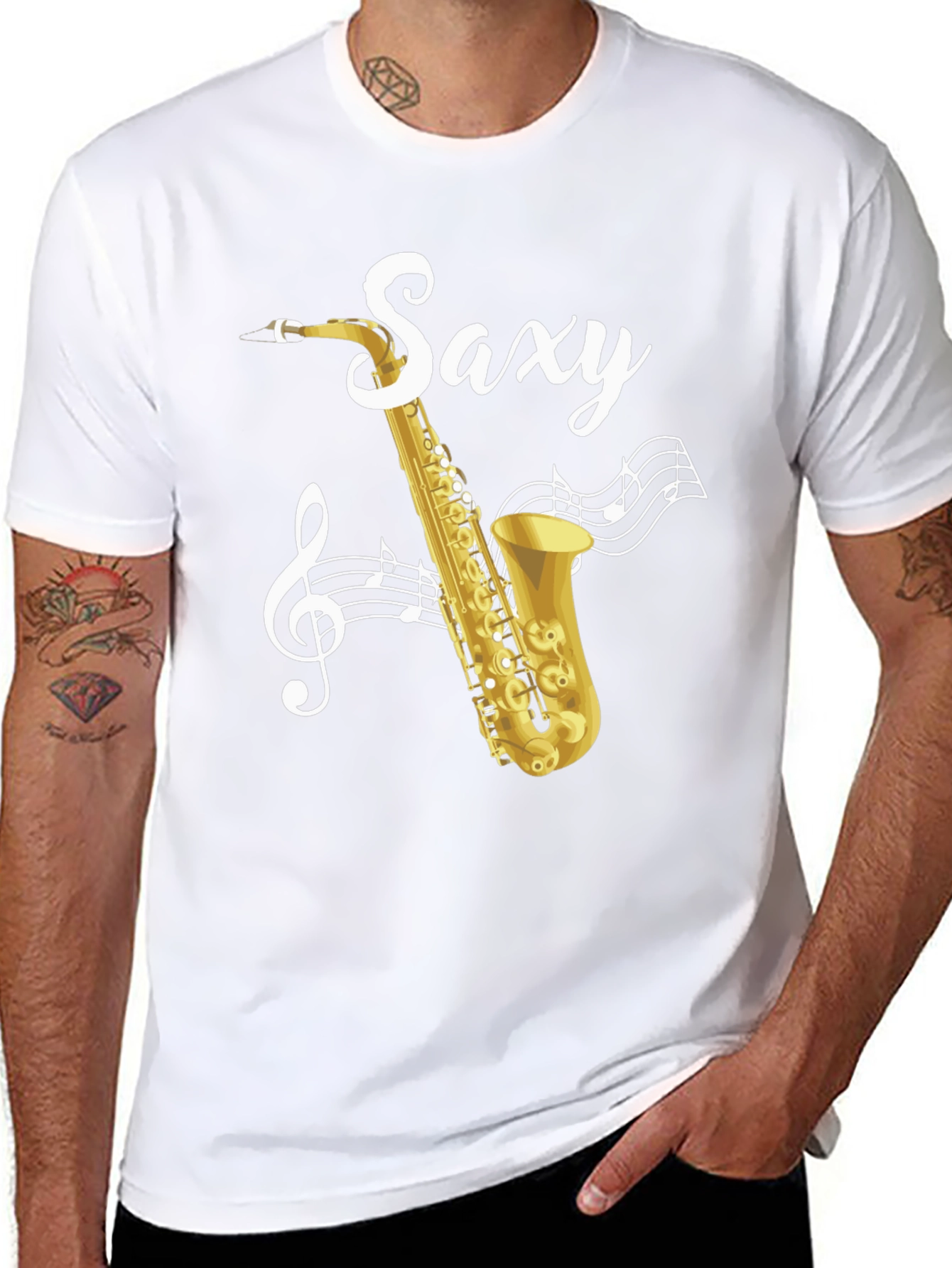 Black Saxy Saxophone Music Notes Graphic T-Shirt view 8