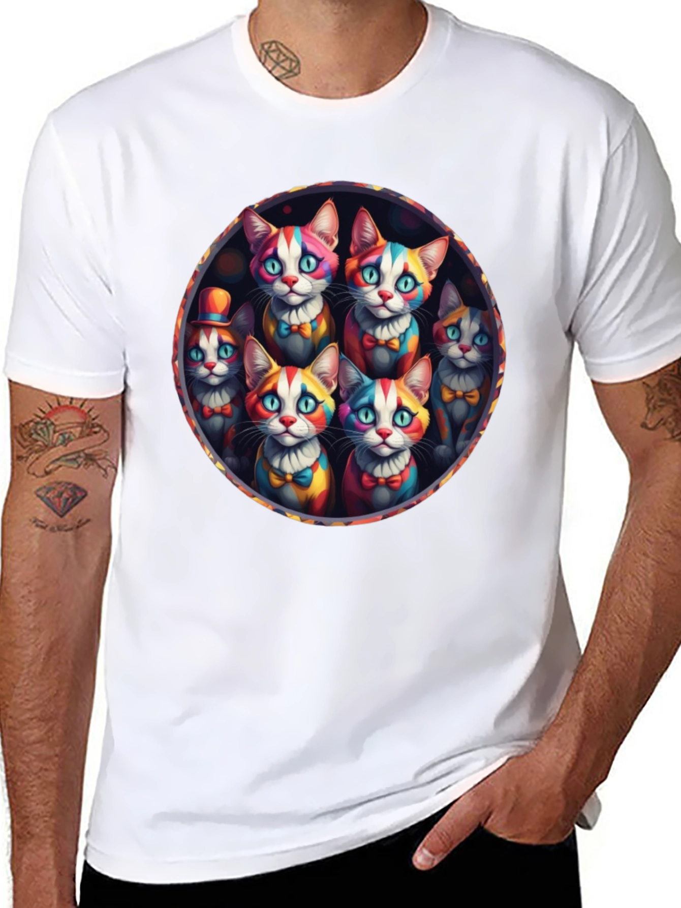 Black Colorful Clown Cats Graphic Tee - Unique Design view 8