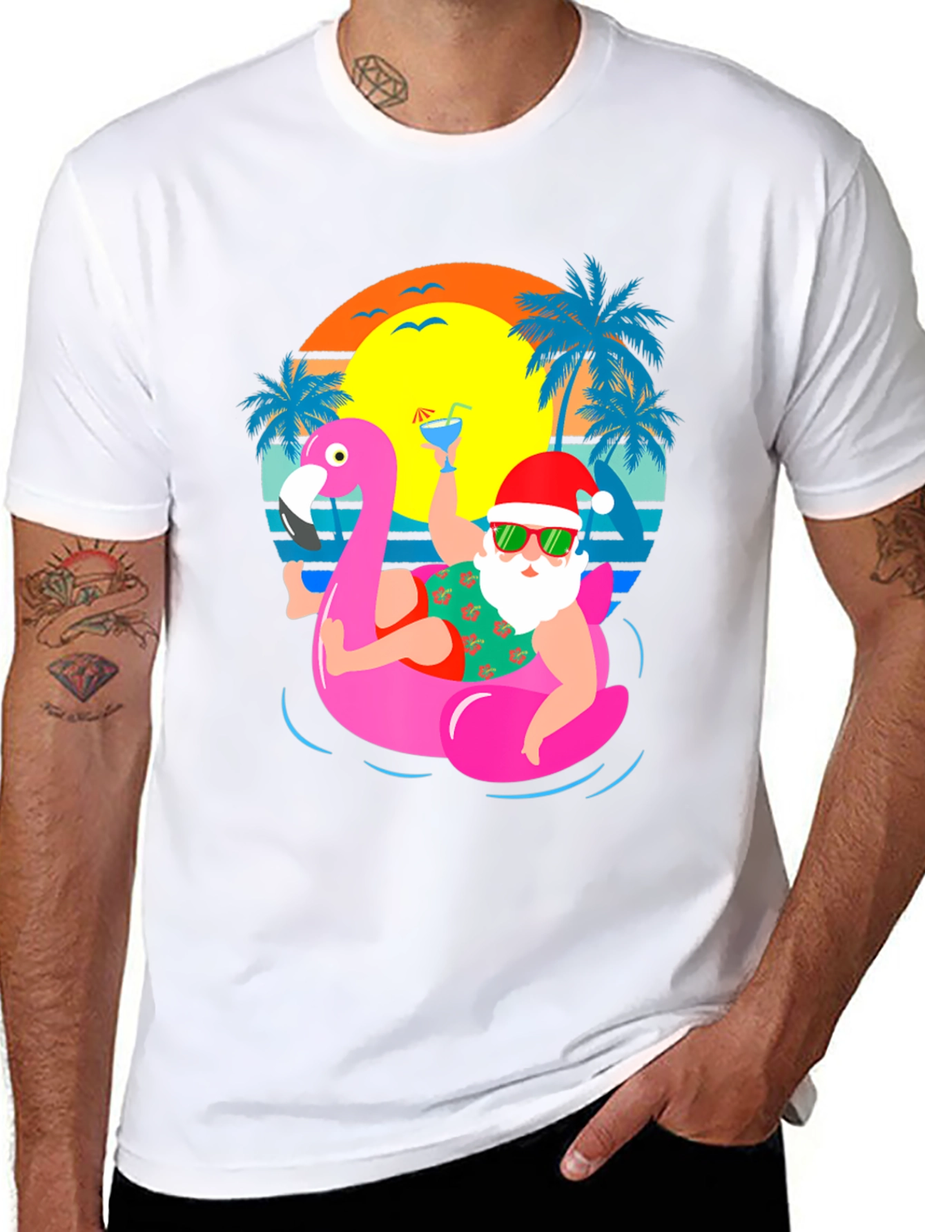 Santa Flamingo Pool Party Graphic T-Shirt - 8