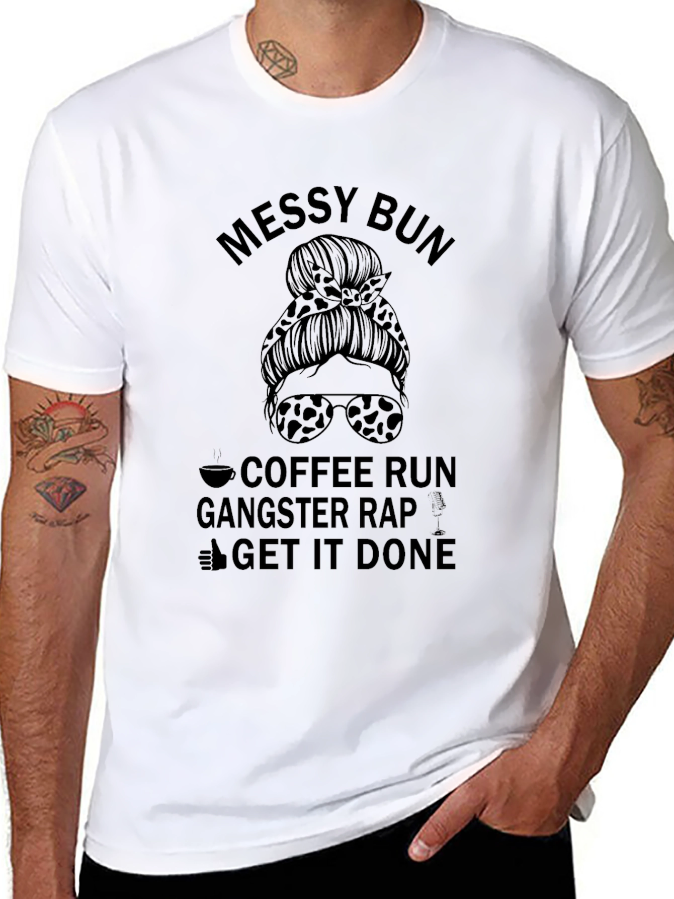 Black Messy Bun Coffee Run Gangster Rap Graphic Tee view 8