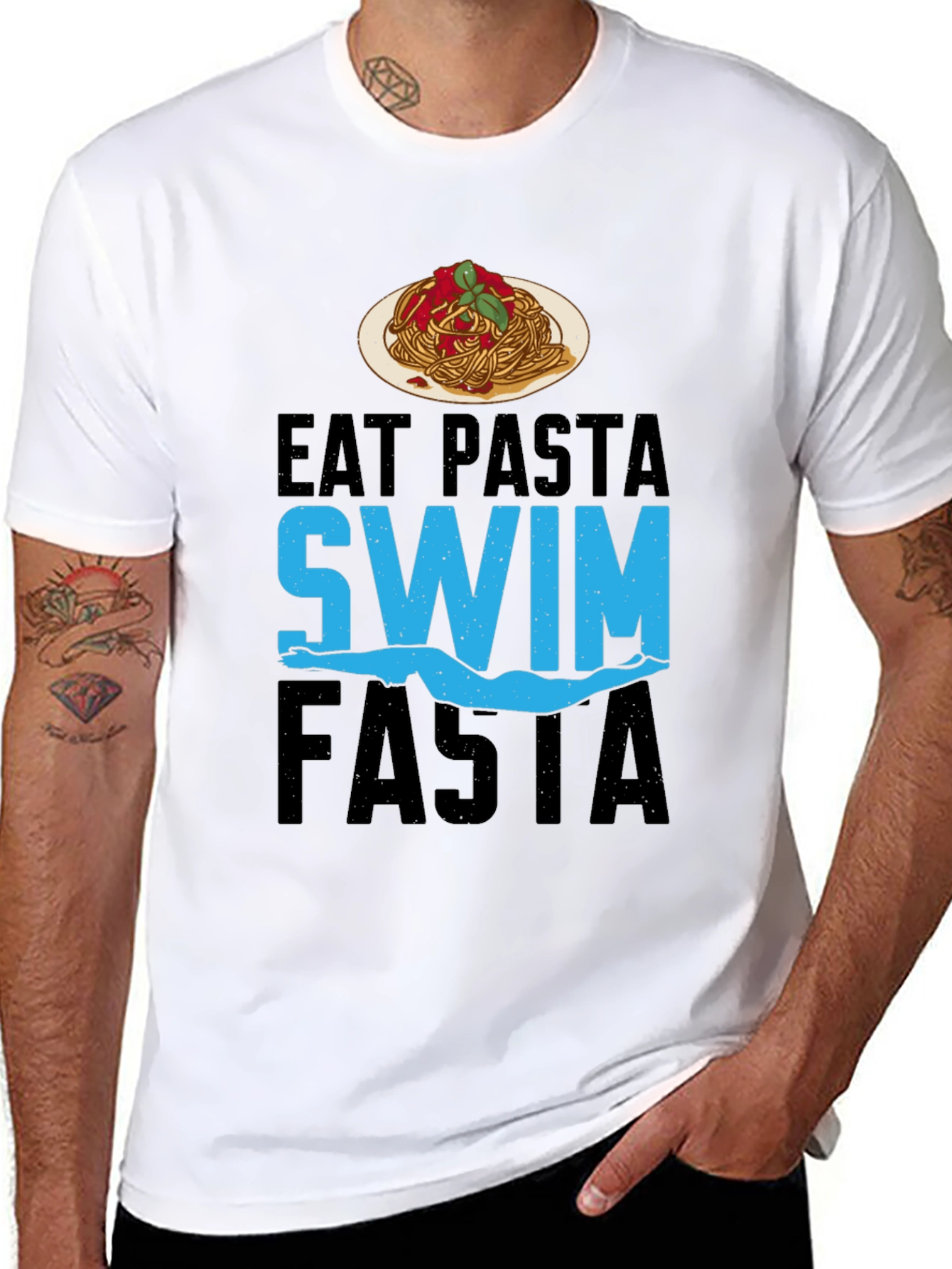 Black Eat Pasta Swim Fasta T-Shirt - Swimmer's Delight! view 8