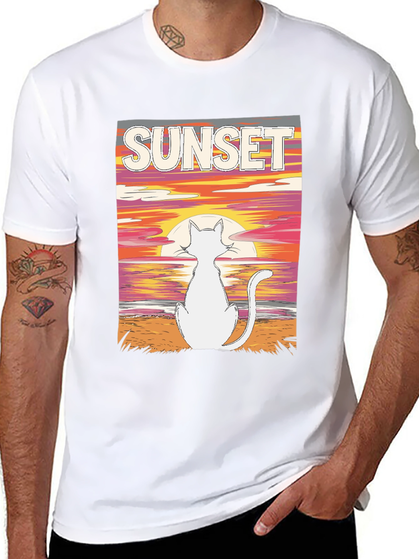 Black Sunset Cat Graphic Tee - Black Cotton T-Shirt view 8