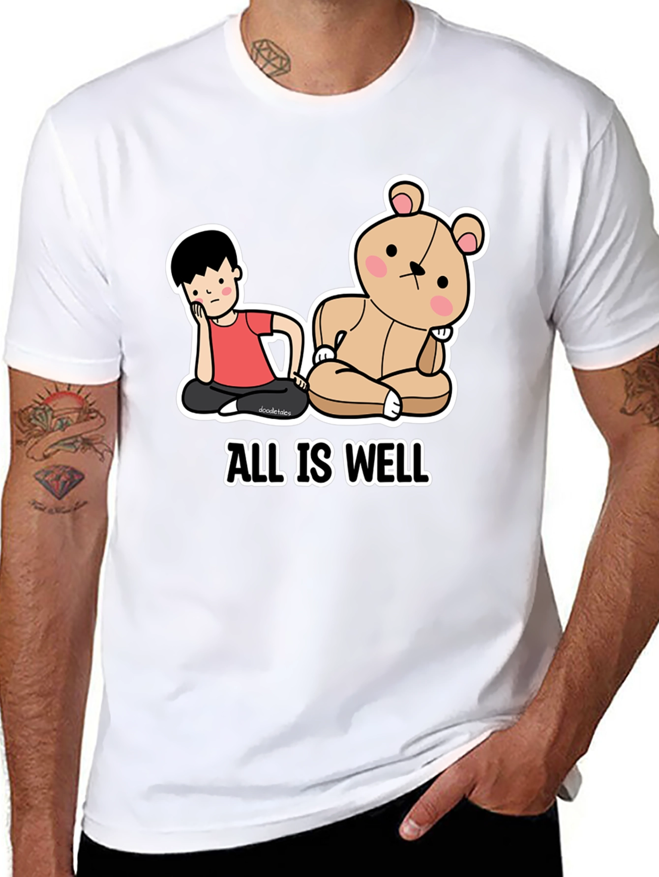 Black All Is Well T-Shirt: Cartoon Boy & Bear Meditating Graphic Tee view 8