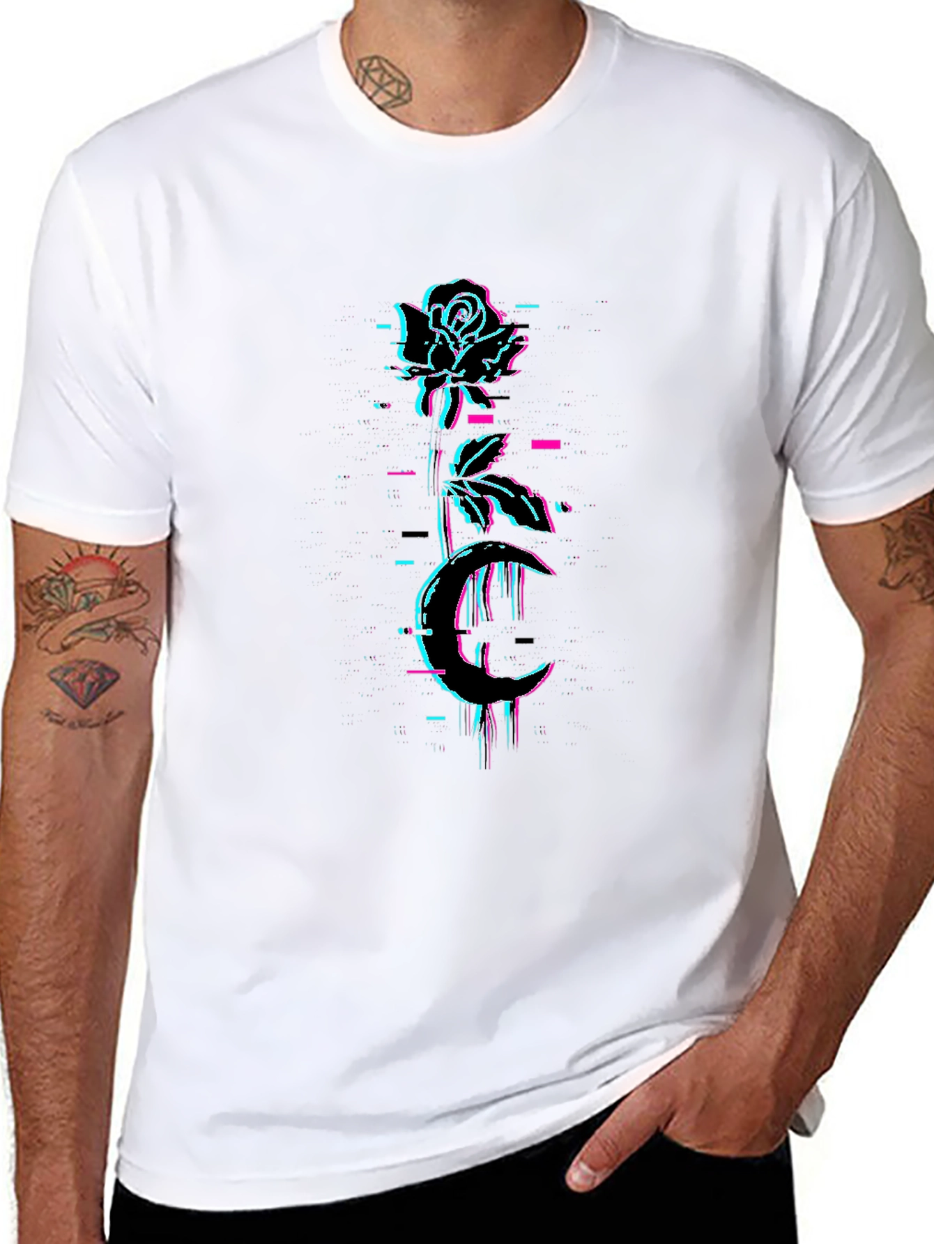 Black Rose & Moon Glitch Graphic Black Tee view 8