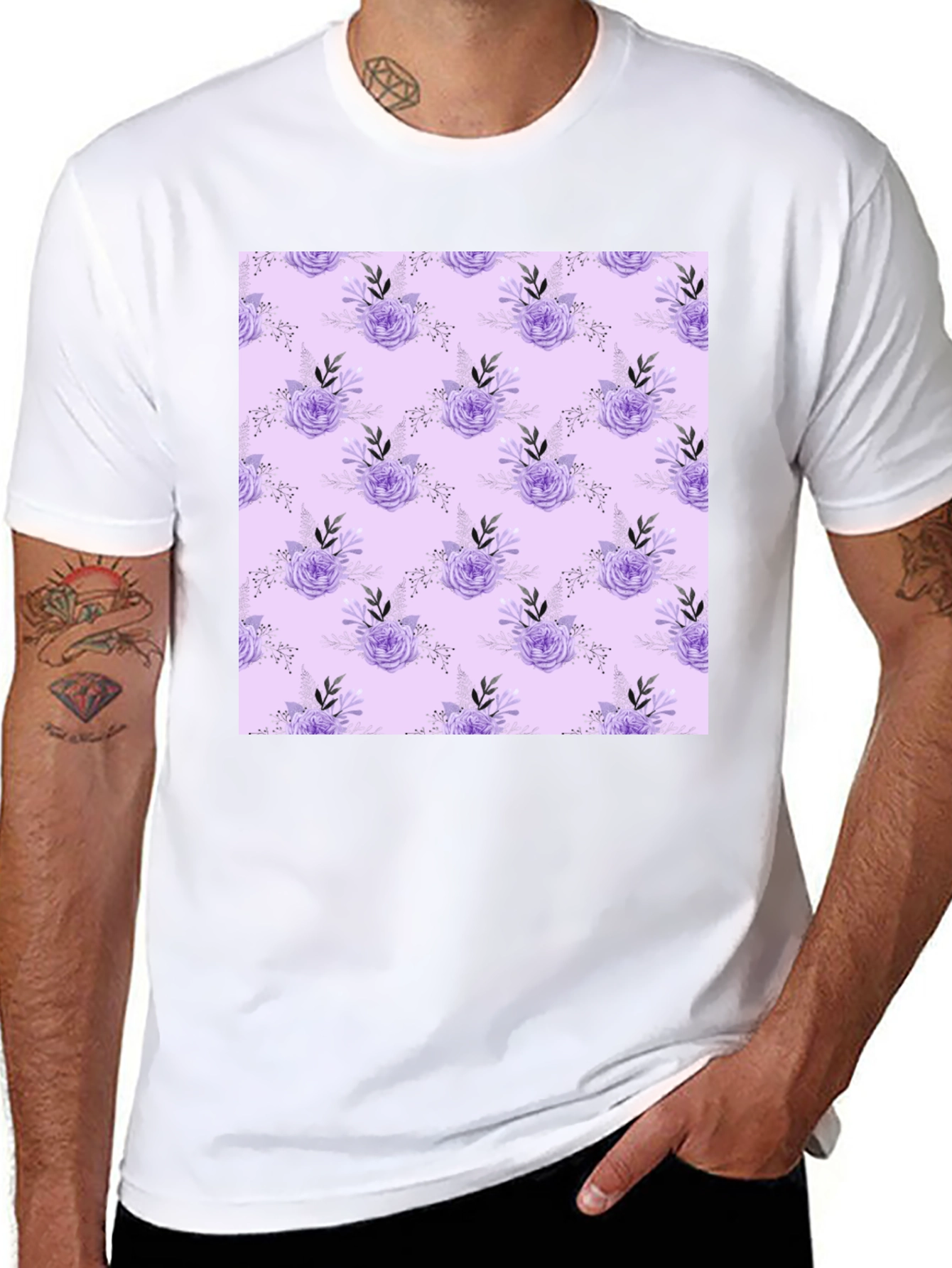 Black Floral Lavender Pattern Black T-Shirt view 8
