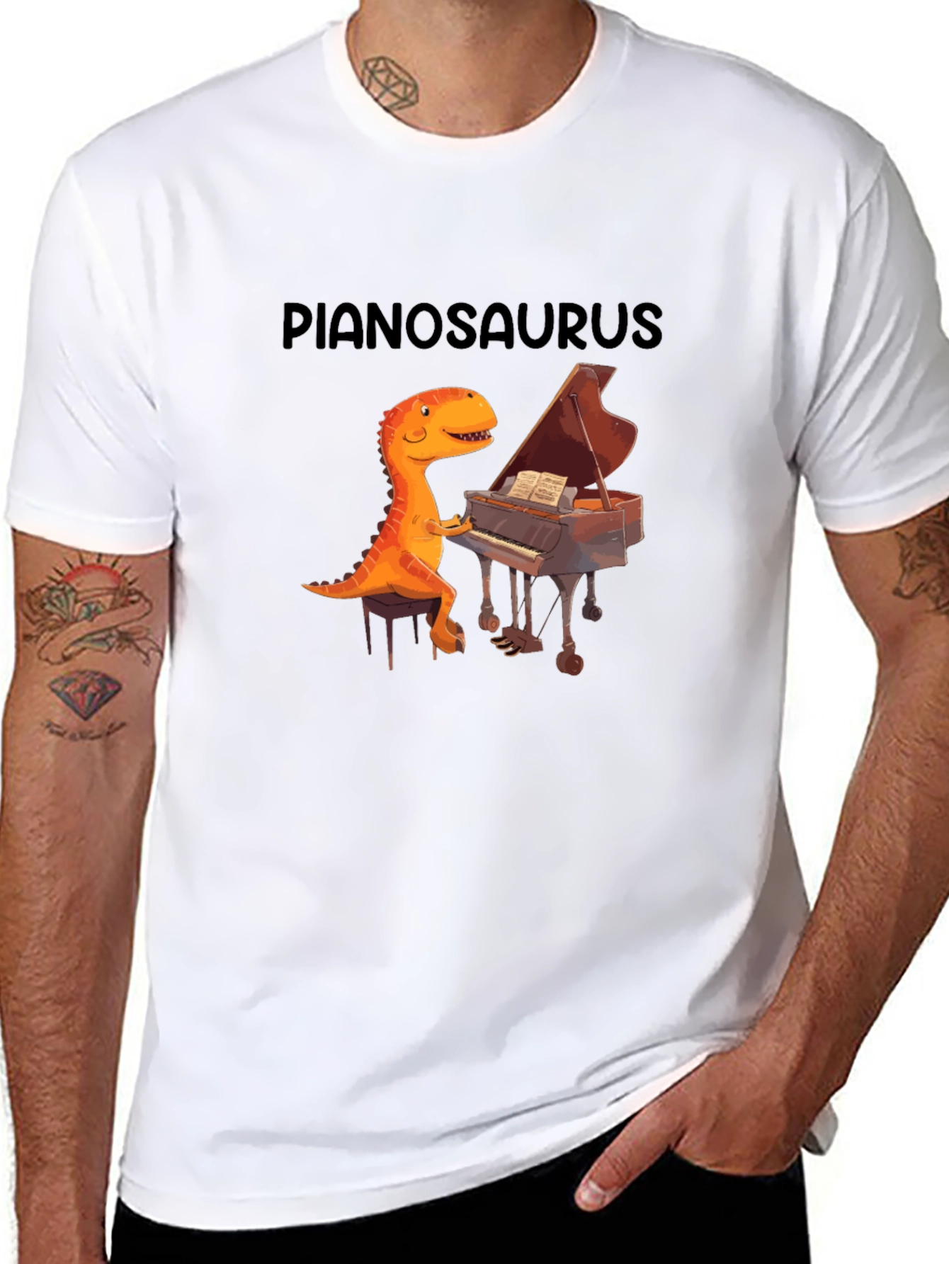 Black Pianosaurus Graphic Tee - Dino Piano Player Shirt view 8