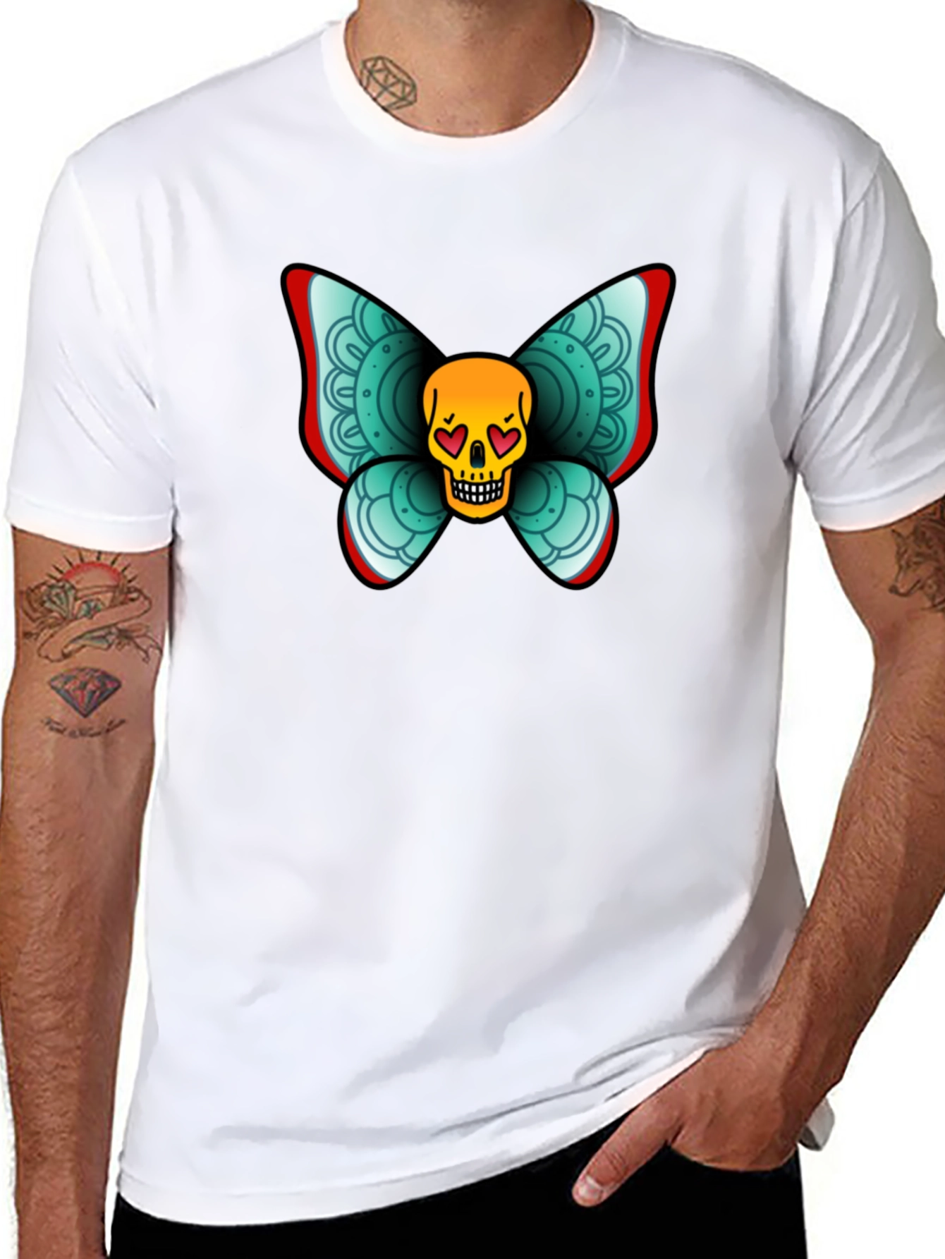 Black Skull Butterfly Graphic Tee - Black Cotton T-Shirt view 8