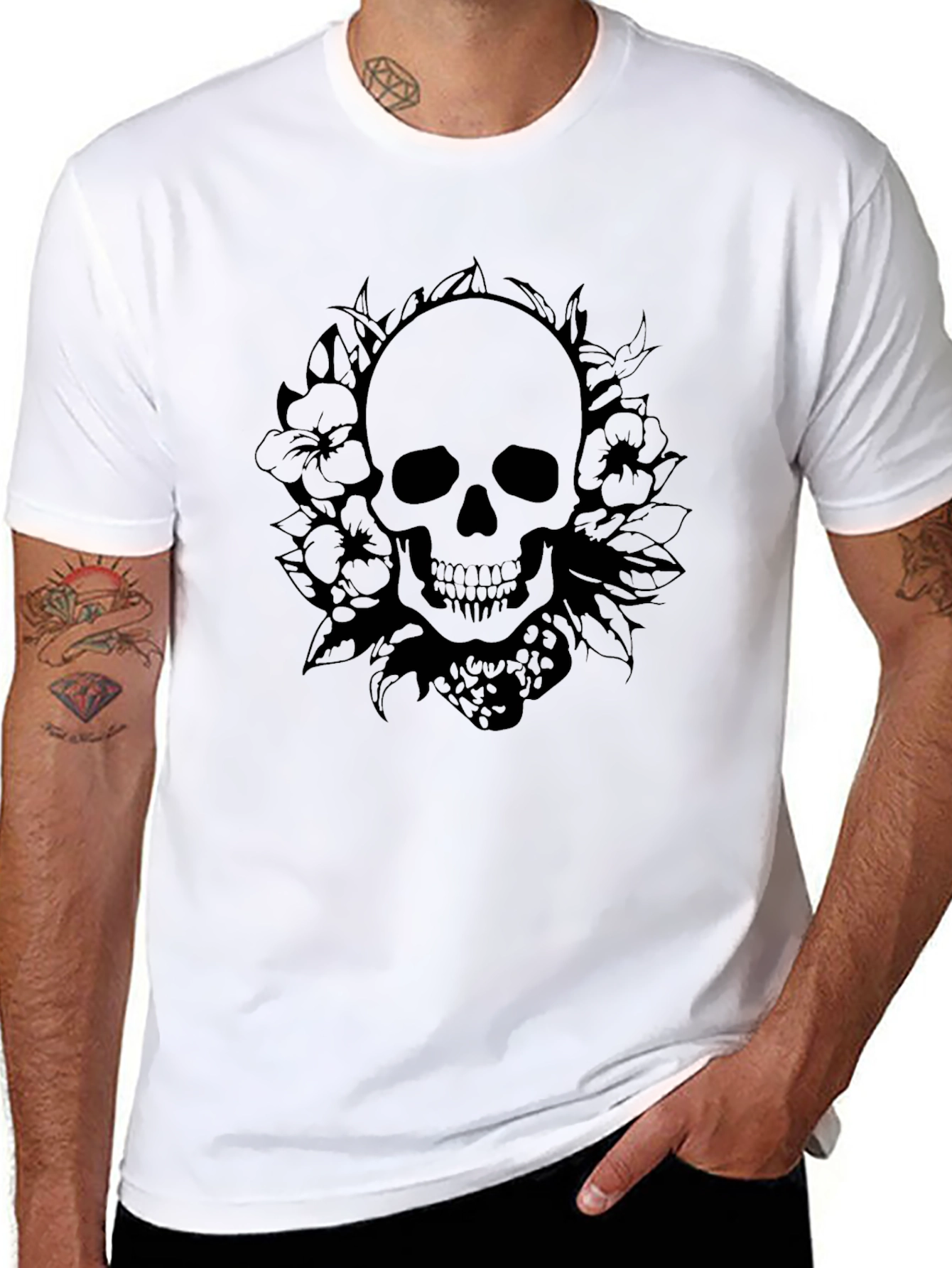 Black Skull & Floral Graphic Tee - Black Cotton Blend view 8