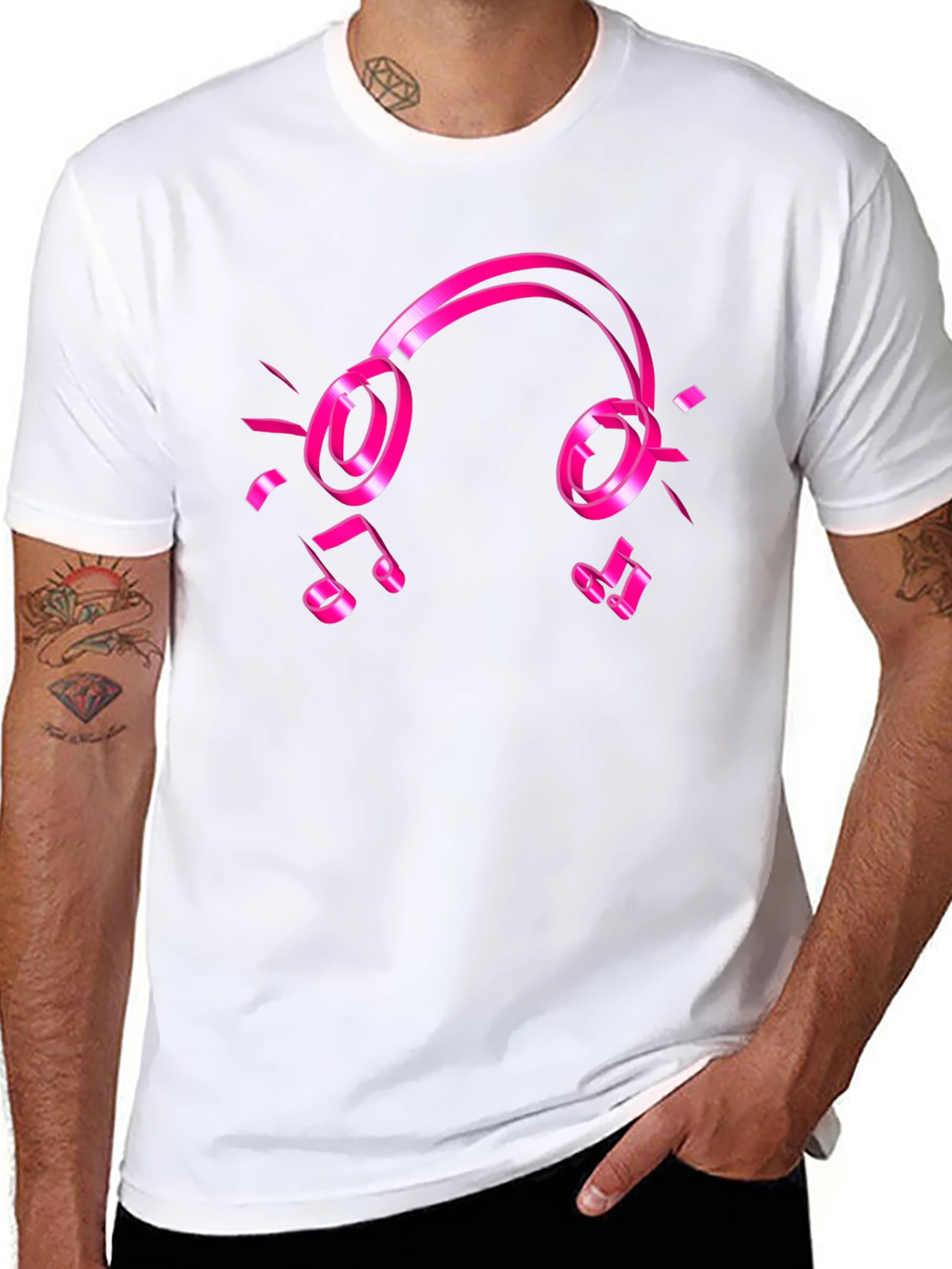 Black Black Tee with Pink Headphones and Music Notes Graphic view 8