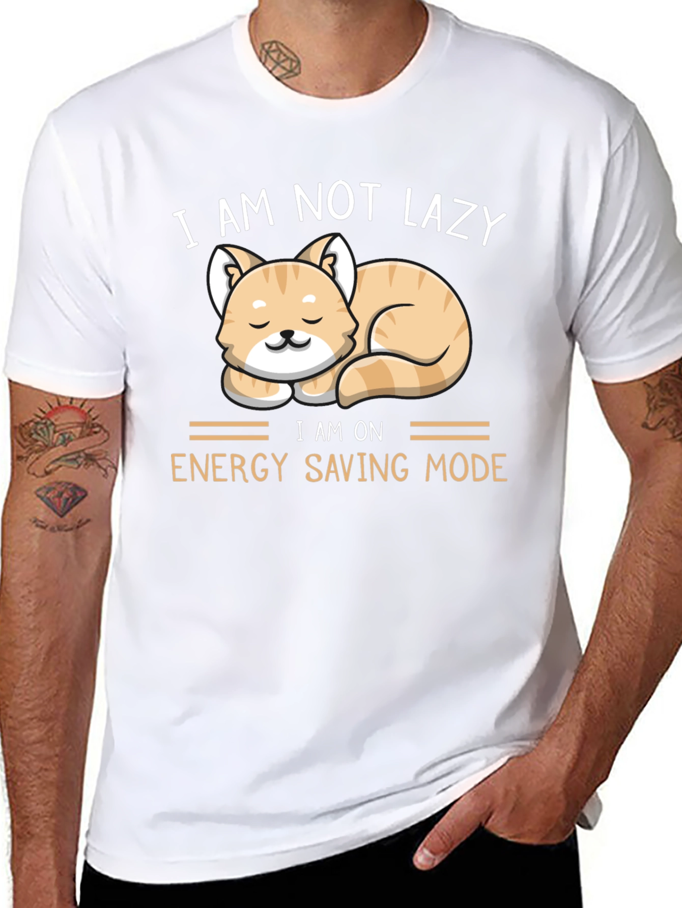 Black Funny Cat Energy Saving Mode T-Shirt view 8