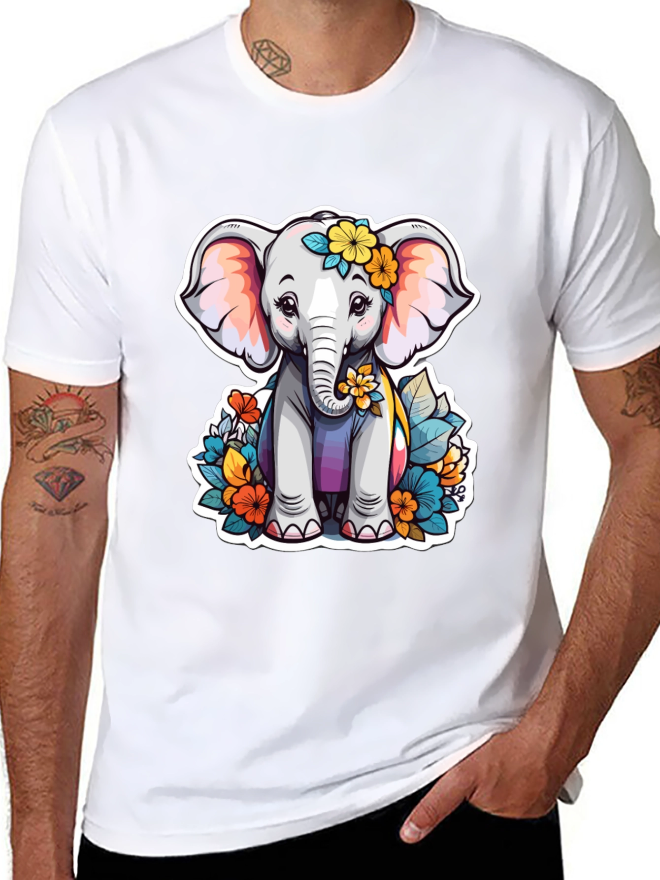 Black Cute Elephant Floral T-Shirt - Unisex Black Tee view 8