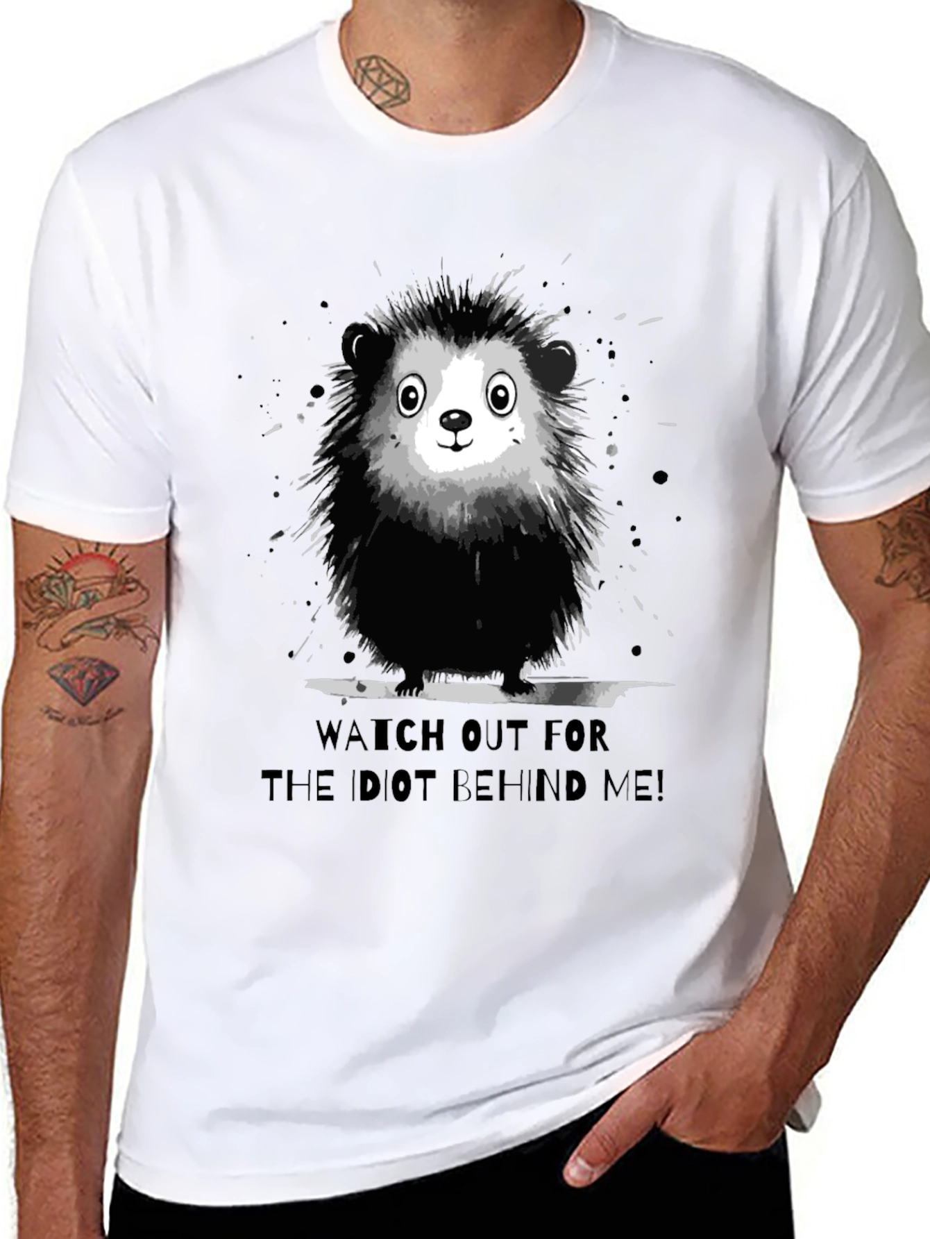 Black Funny Hedgehog Graphic Tee - Watch Out For The Idiot Behind Me! view 8