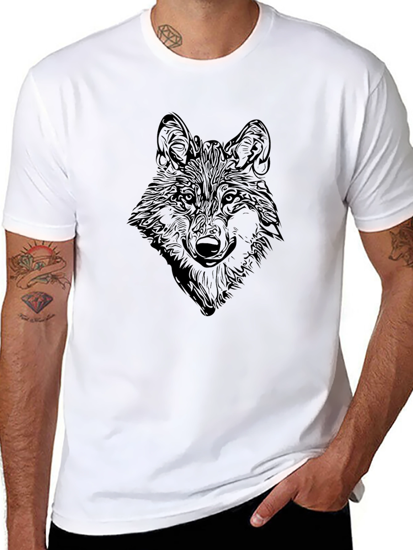 Black Wolf Graphic Print Crew Neck Tee - Black view 8