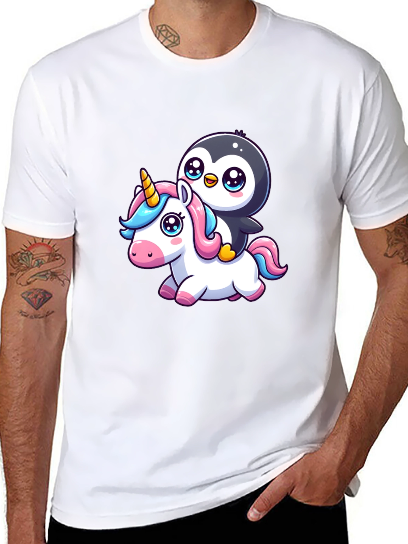 Black Penguin Riding Unicorn Graphic Tee view 8