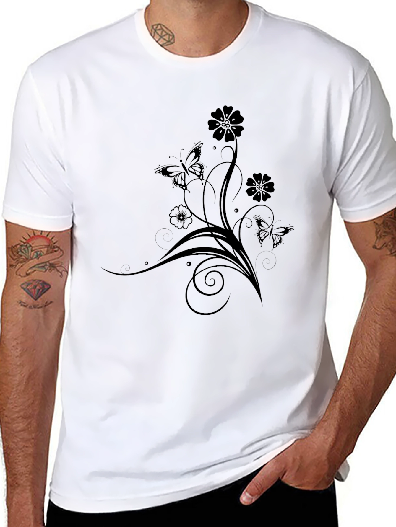 Black Elegant Black Tee with Floral Butterfly Design view 8
