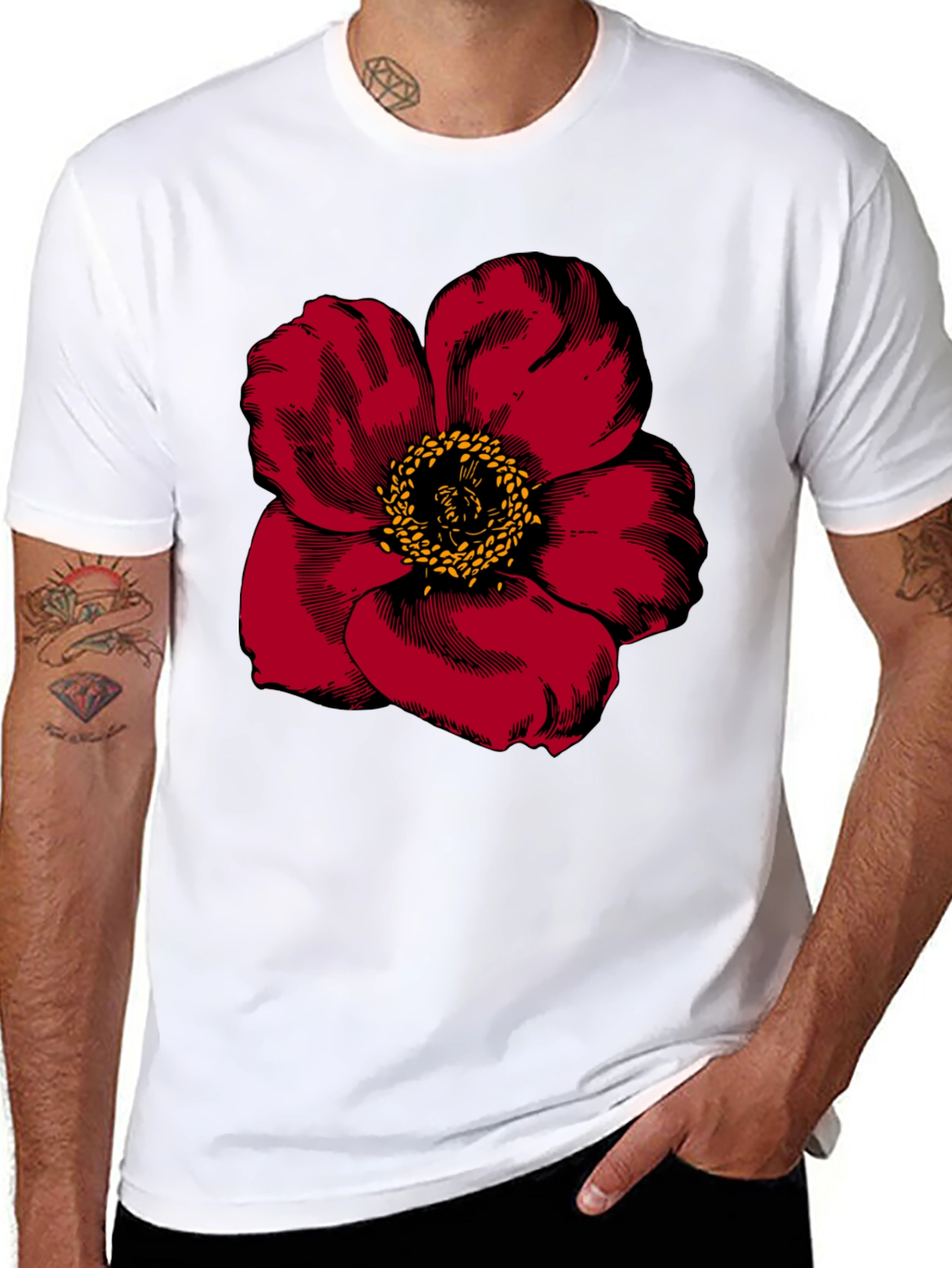 Black Bold Red Flower Graphic Tee - Men's Black T-Shirt view 8