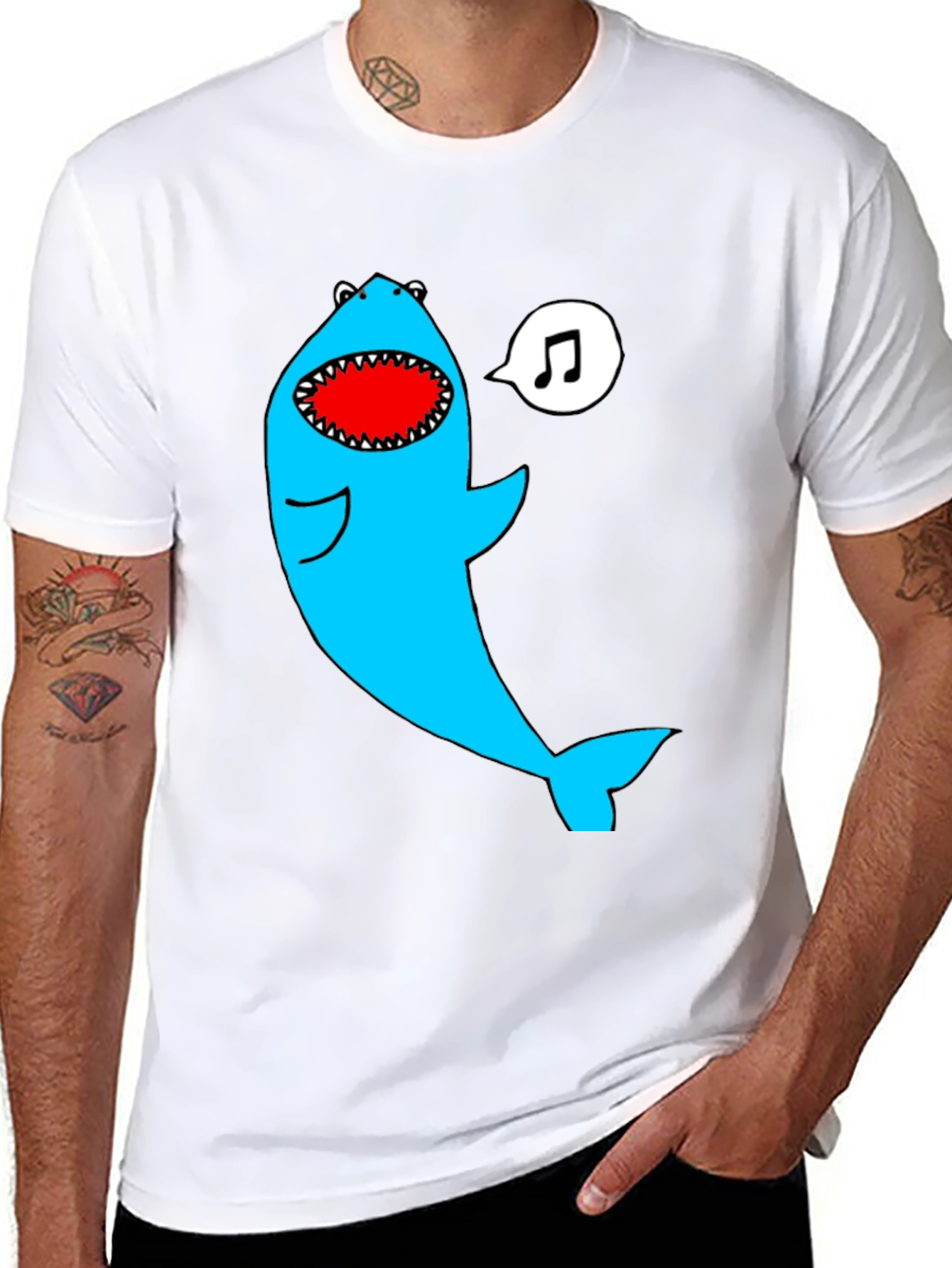 Black Singing Shark Graphic Tee - Black Cotton Blend view 8