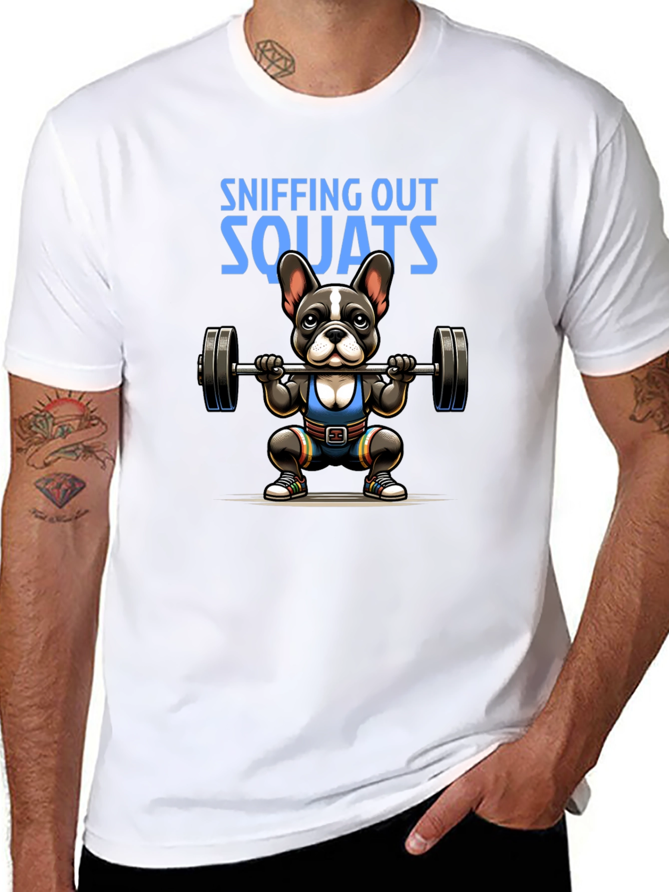 Black Sniffing Out Squats T-Shirt - Fitness Dog Design view 8