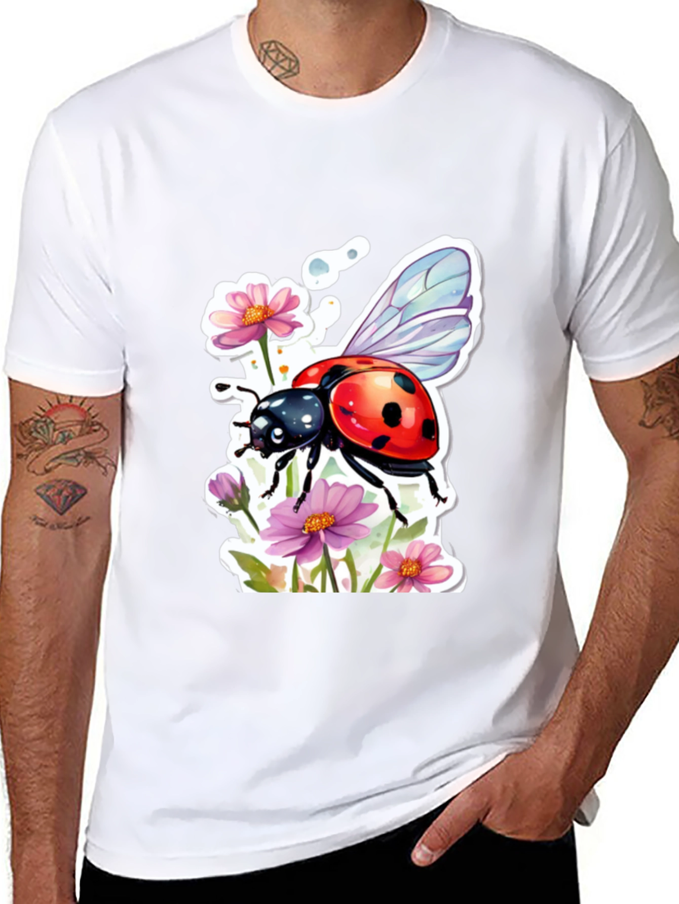 Black Ladybug & Floral Graphic Tee - Trendy Black T-Shirt view 8