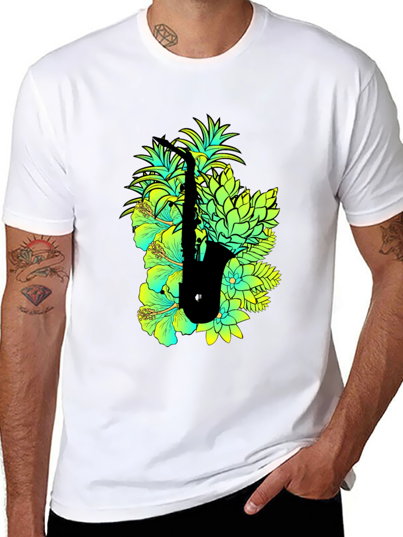 Black Tropical Saxophone Graphic Black T-Shirt view 8
