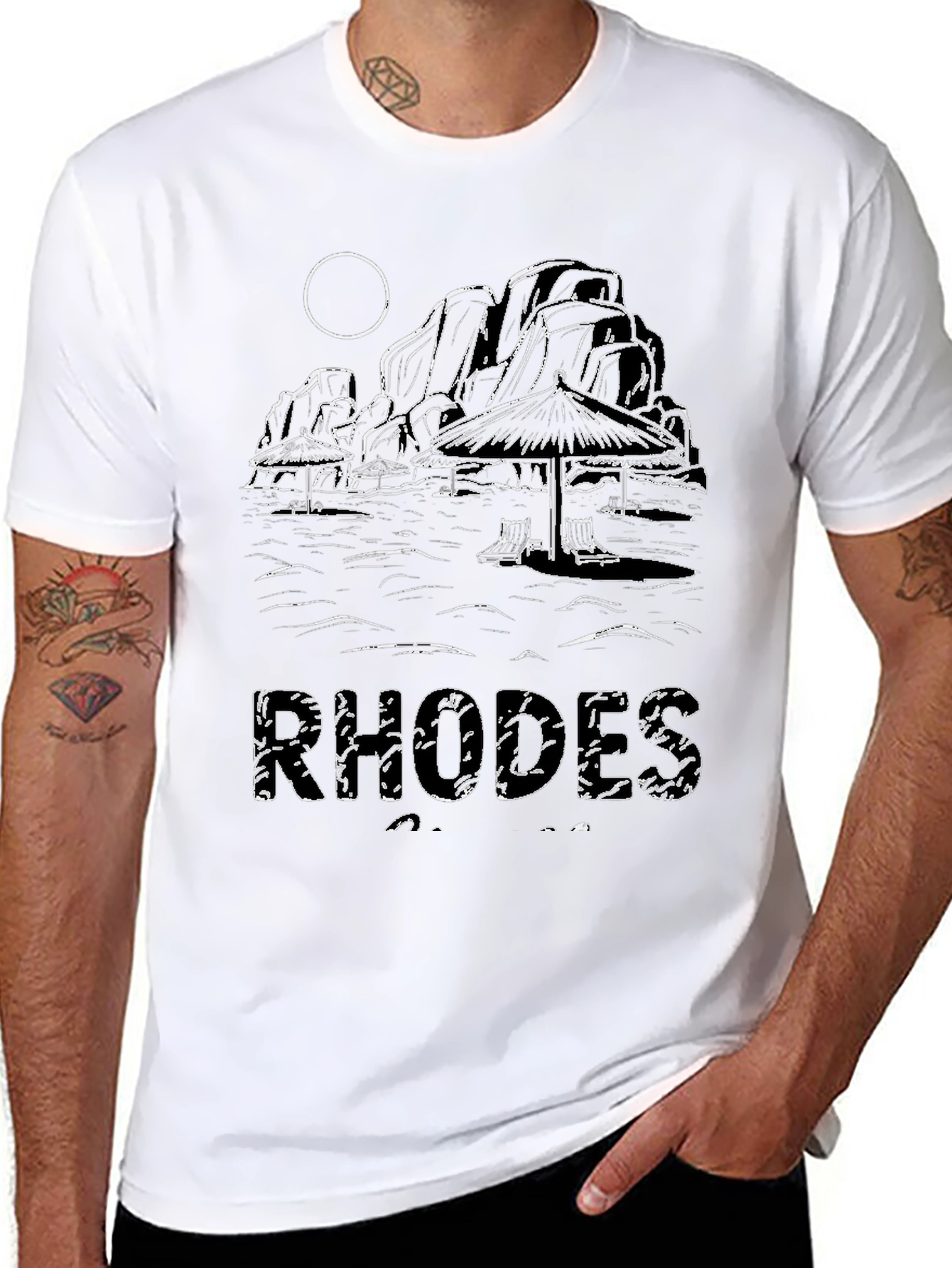 Black Rhodes Beach Scene Black T-Shirt view 8