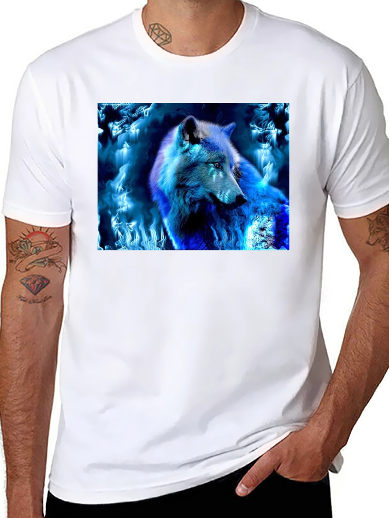 Black Blue Fire Wolf Graphic Tee - Black Cotton Blend view 8