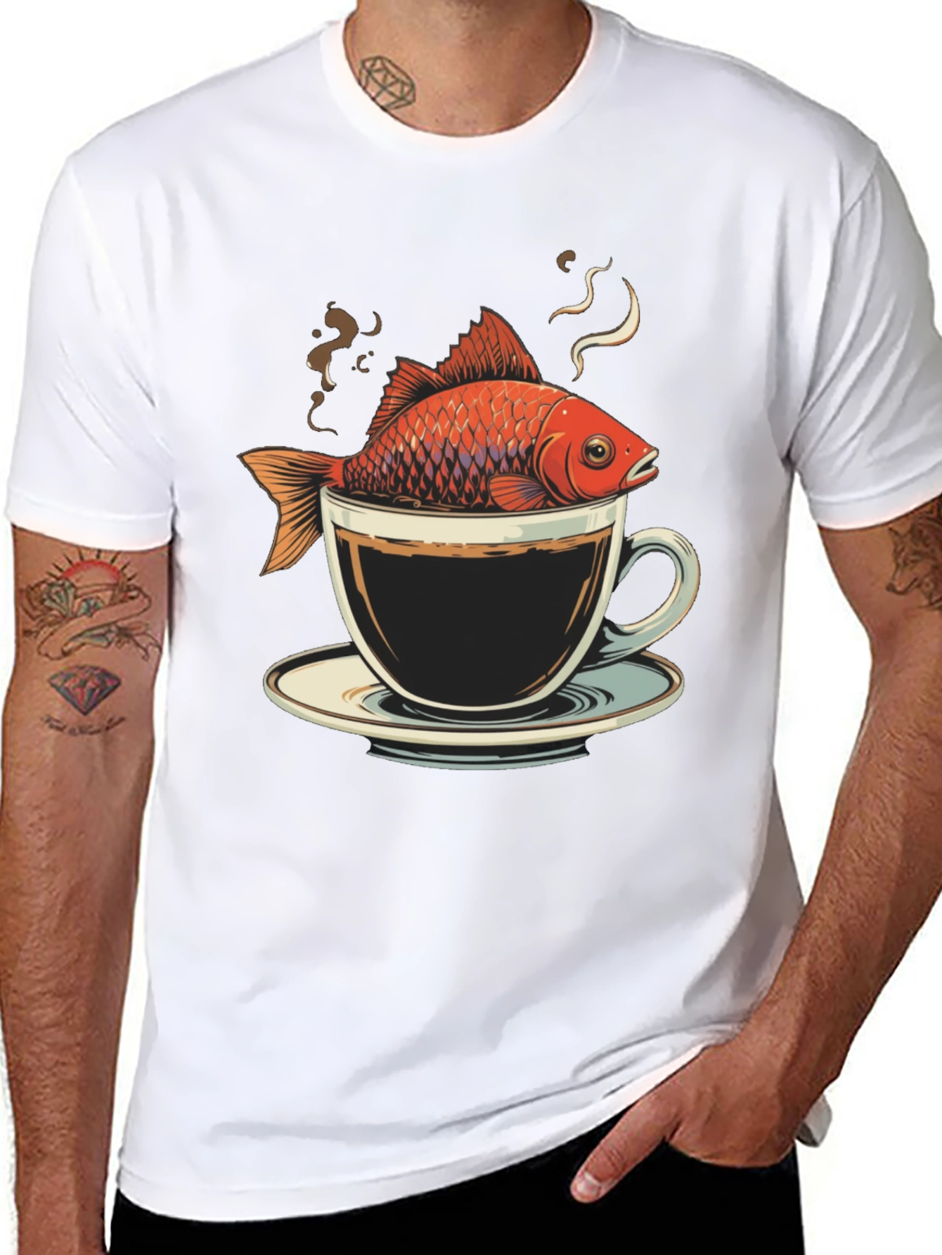 Black Fish in Coffee Cup T-Shirt - Unique Graphic Tee view 8