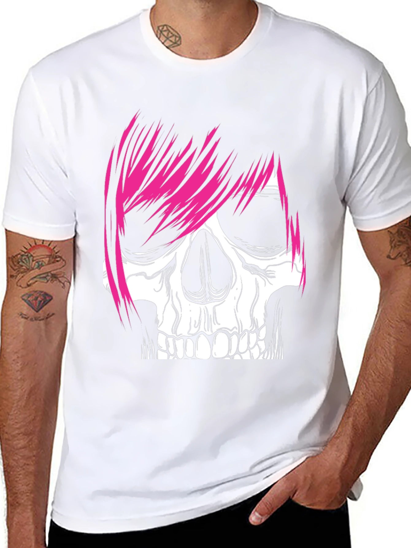 Skull with Pink Hair Graphic Tee - Men's Black T-Shirt - 8