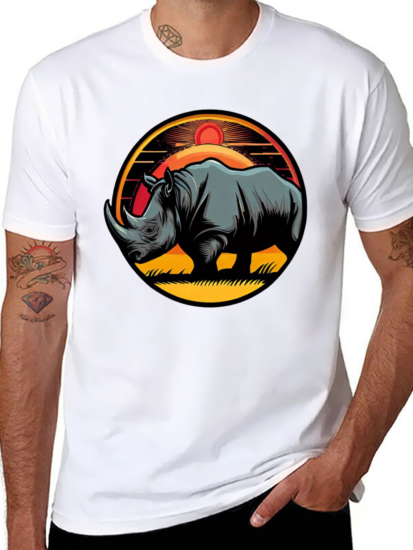 Black Rhino Sunset Graphic Tee - Stylish Men's Black T-Shirt view 8