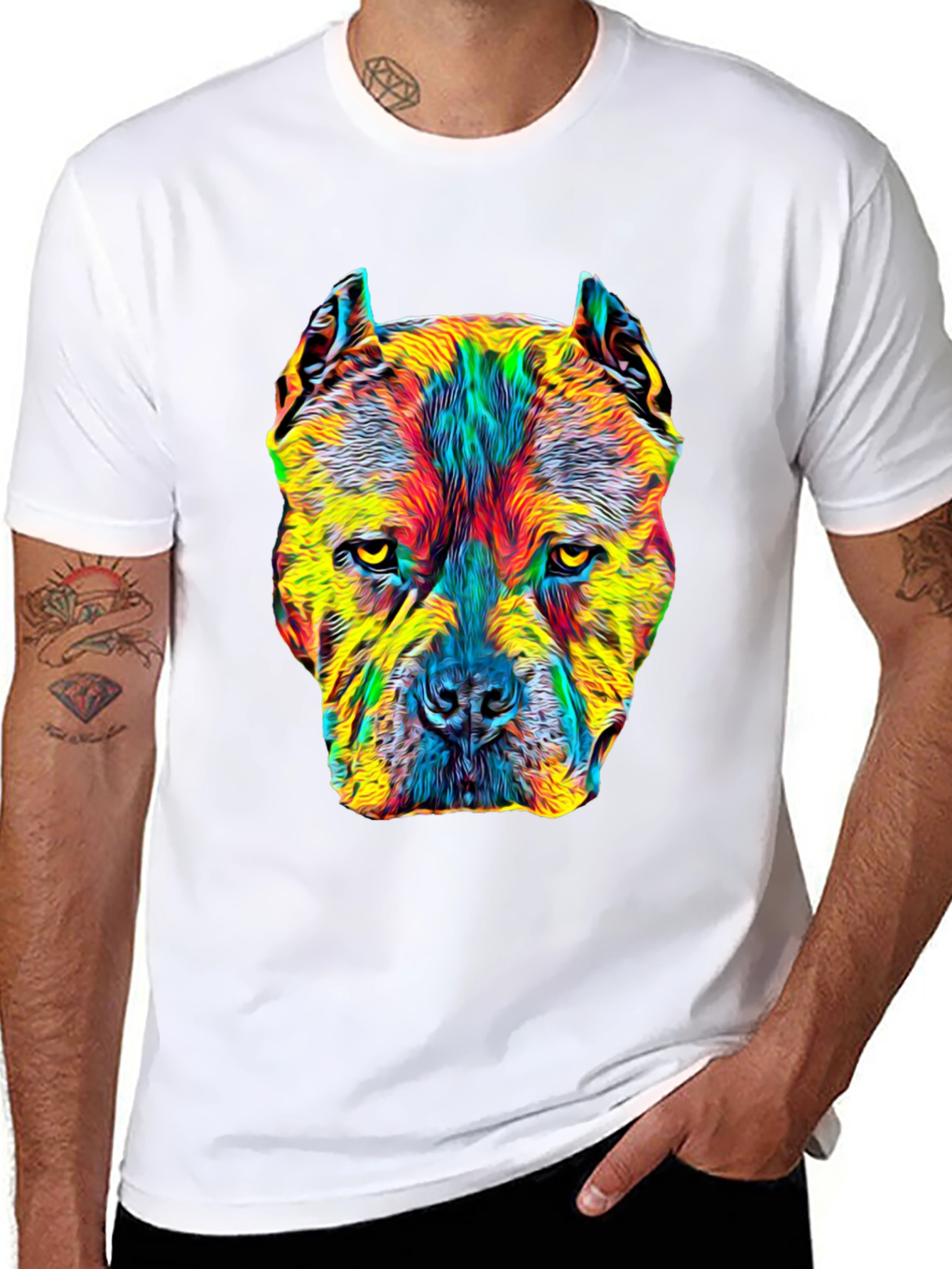 Black Colorful Pitbull Dog Graphic Print Black T-Shirt view 8