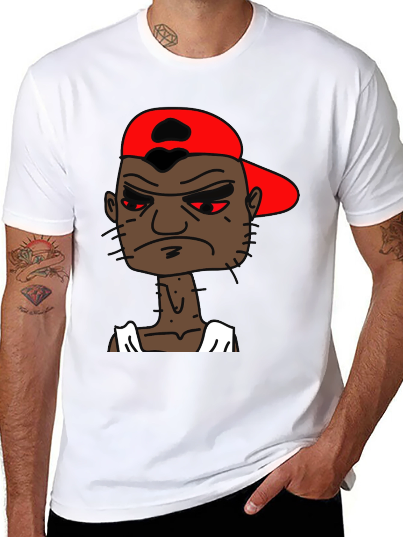 Black Cartoon Character Graphic Tee - Angry Man in Red Hat view 8