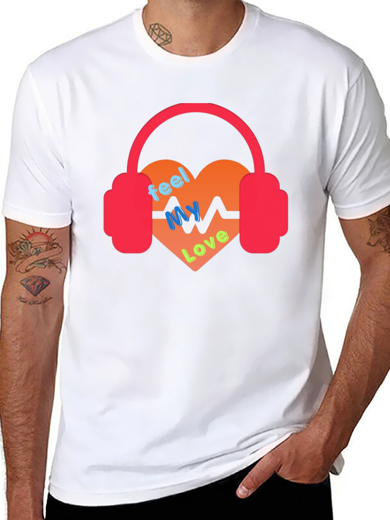 Black Feel My Love Heartbeat Headphones Graphic Tee view 8