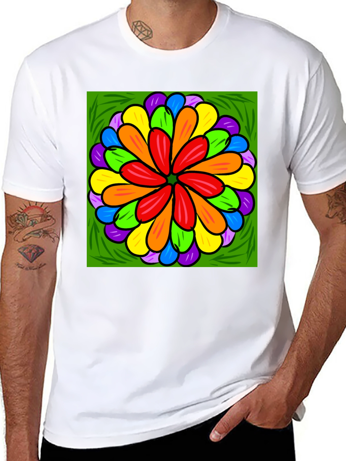 Black Rainbow Flower Graphic Print Black T-Shirt view 8