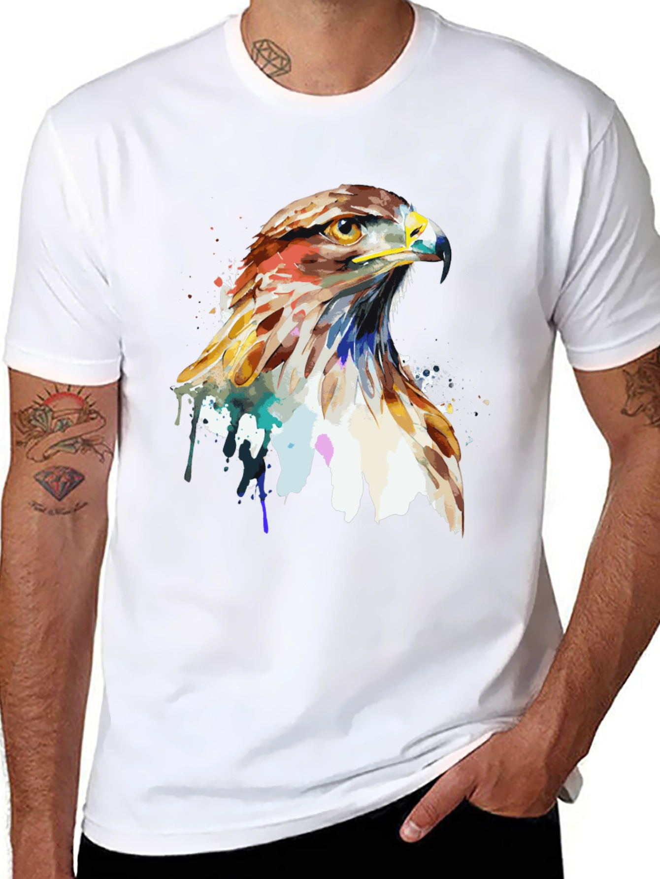 Black Watercolor Hawk Graphic Tee - Men's Black T-Shirt view 8