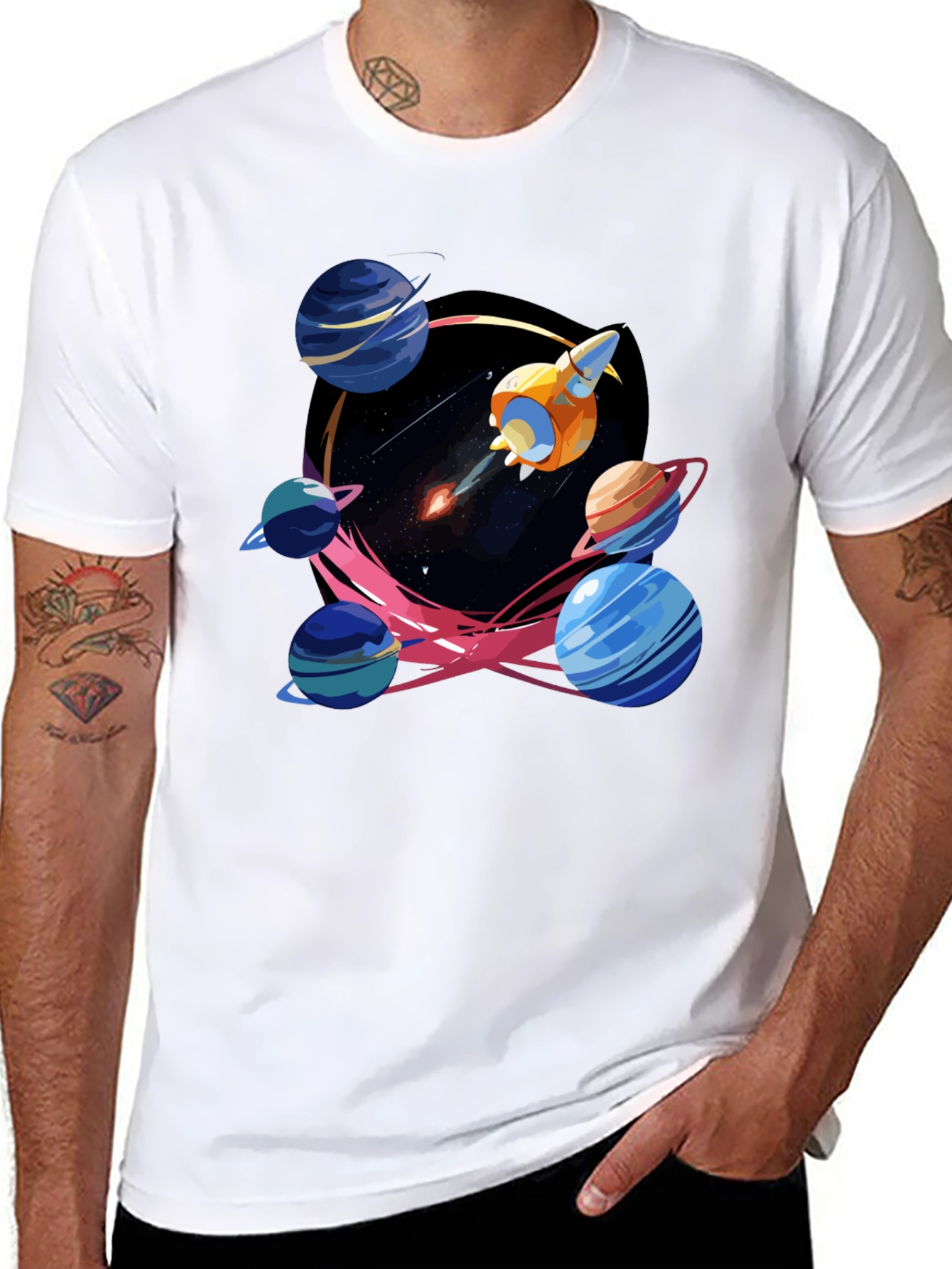 Black Space Adventure T-Shirt: Rocket and Planets view 8