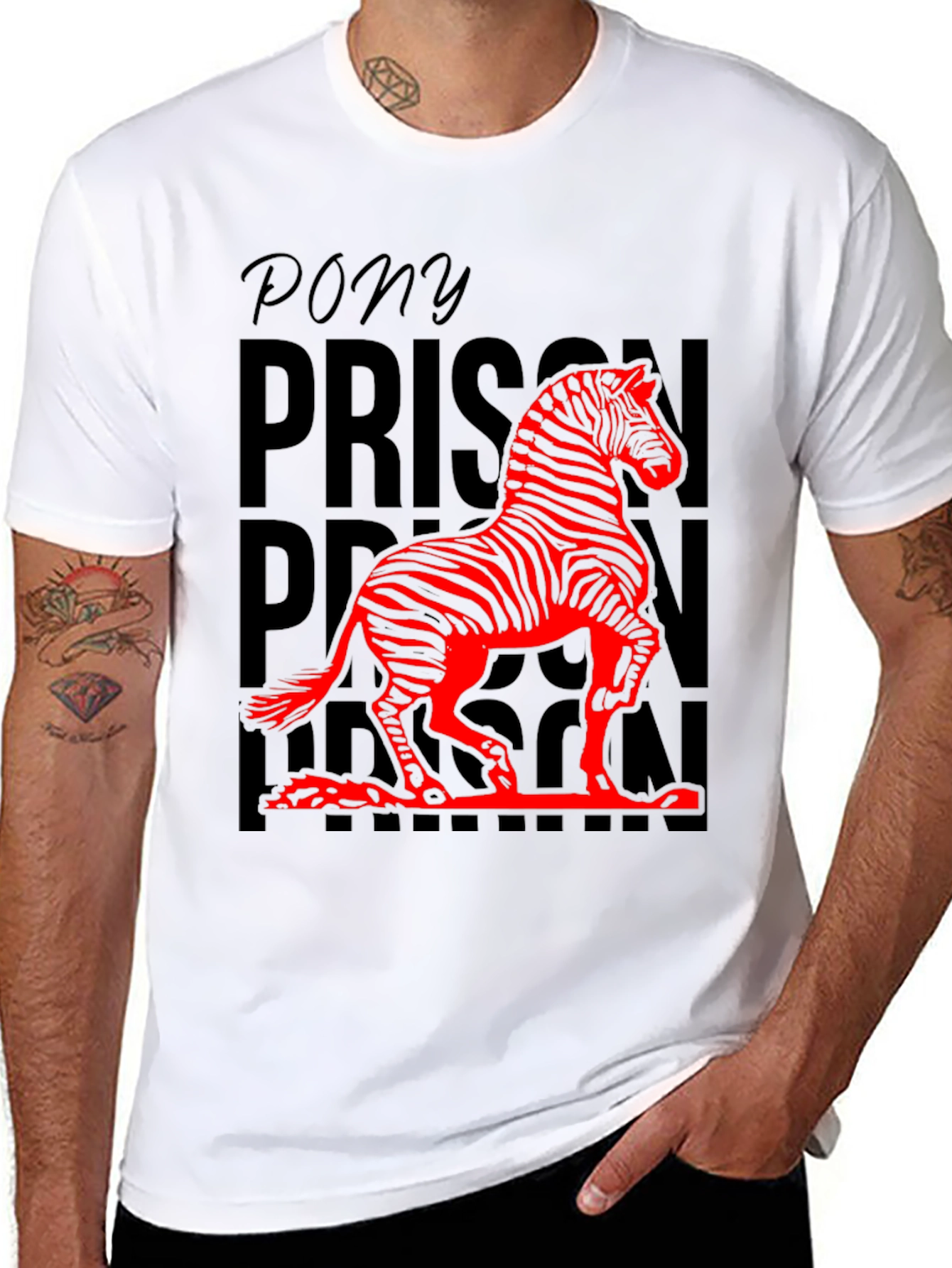 Black Pony Prison Zebra Graphic Tee - Unique Animal Design T-Shirt view 8
