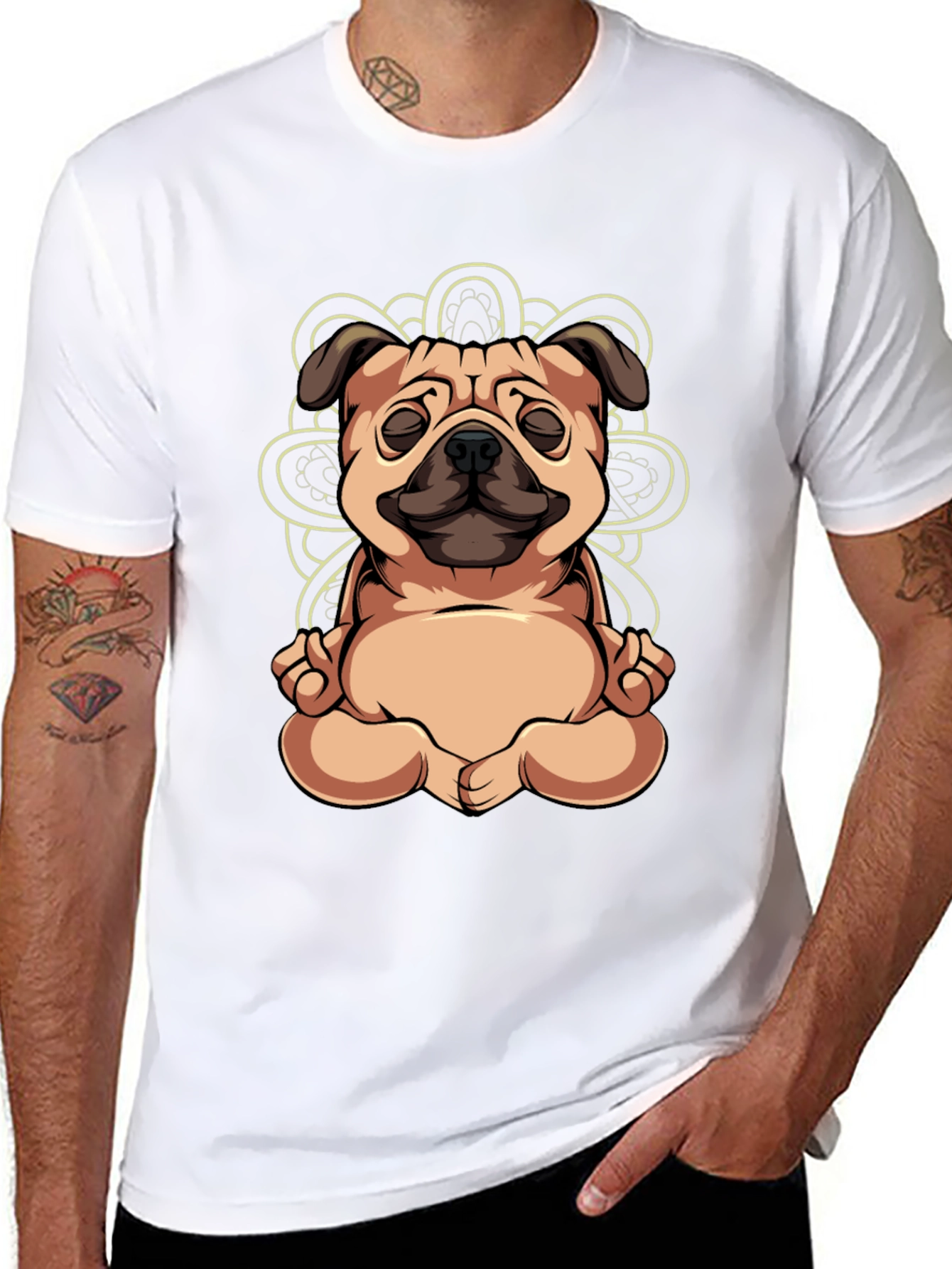 Black Yoga Pug Black T-Shirt - Meditating Dog Tee view 8