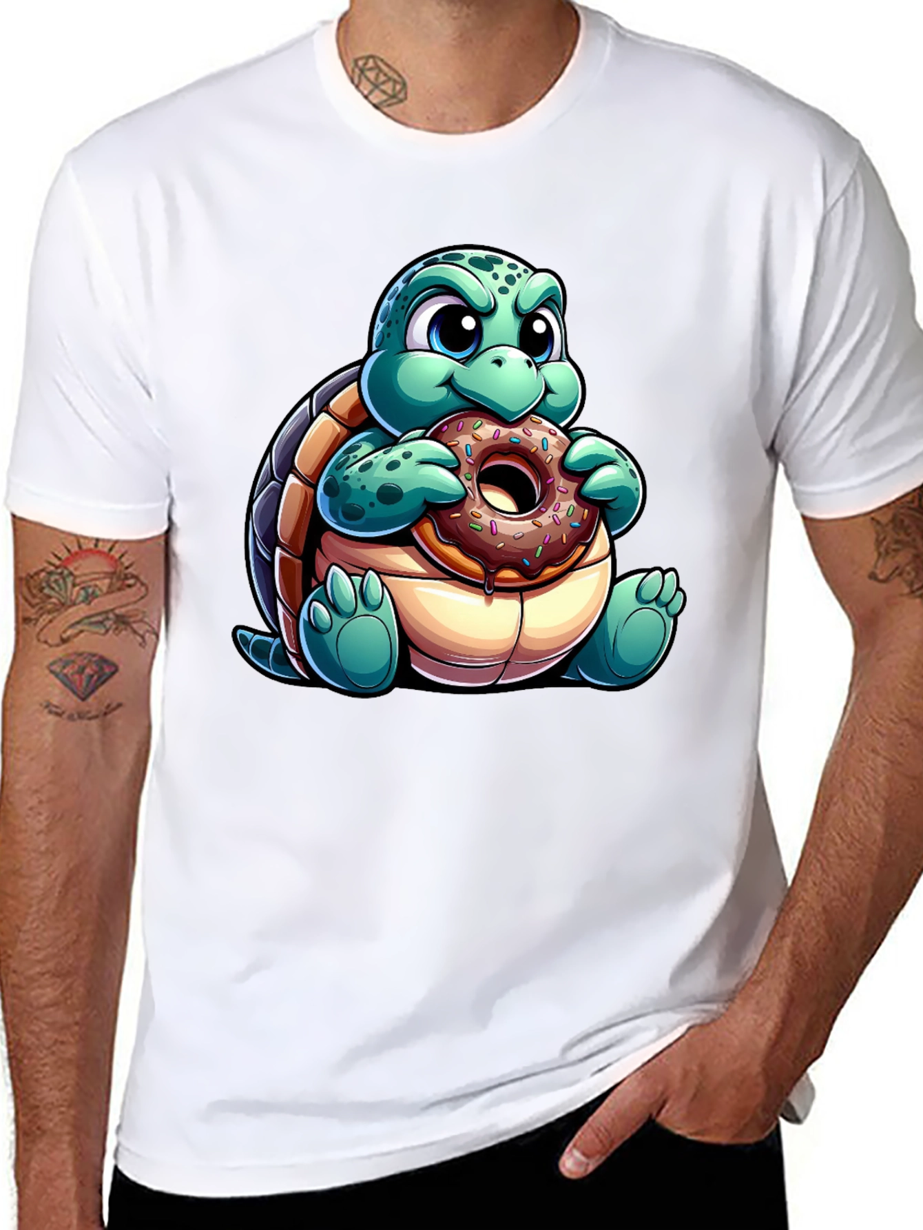 Black Turtle Eating Donut Graphic Tee - Fun Cartoon Shirt view 8
