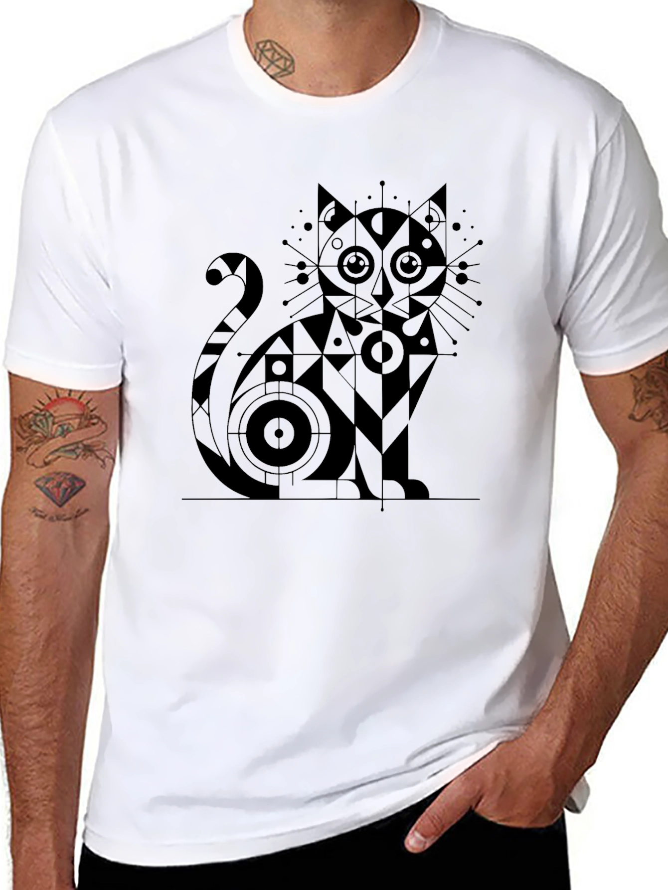 Black Abstract Geometric Cat Graphic Tee view 8