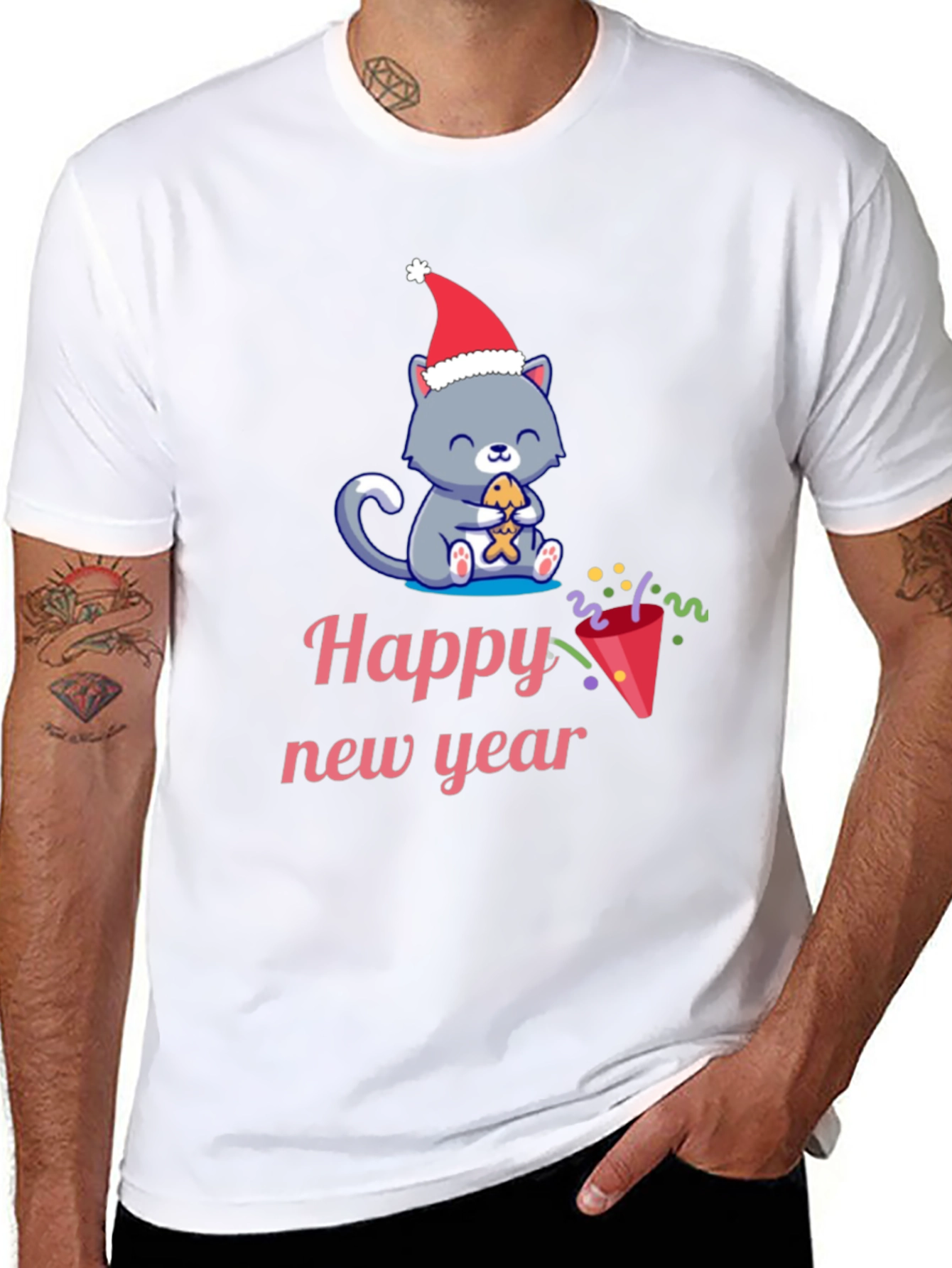 Black Festive Happy New Year Cat T-Shirt view 8