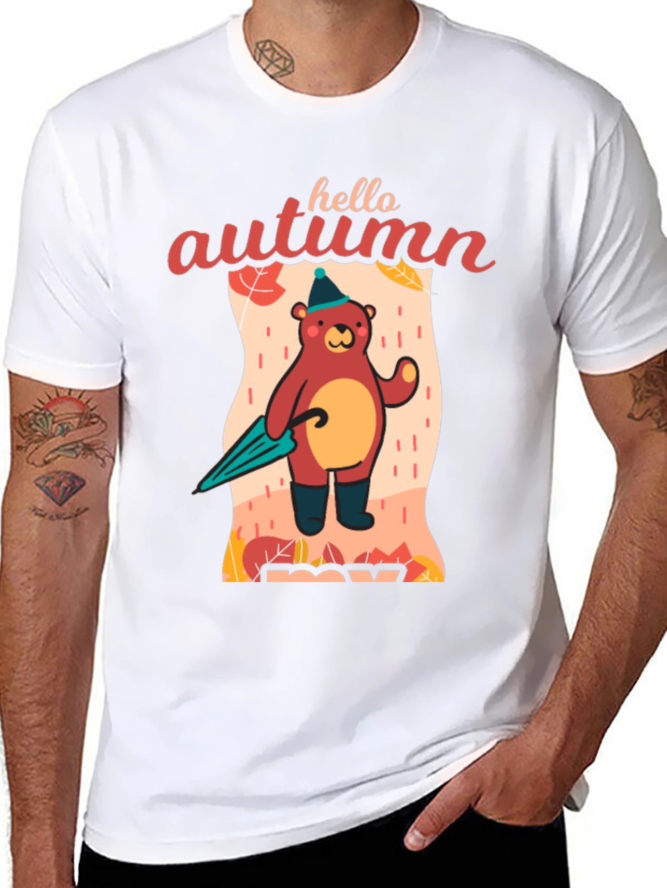 Black Hello Autumn Bear T-Shirt, Fall Season Apparel view 8