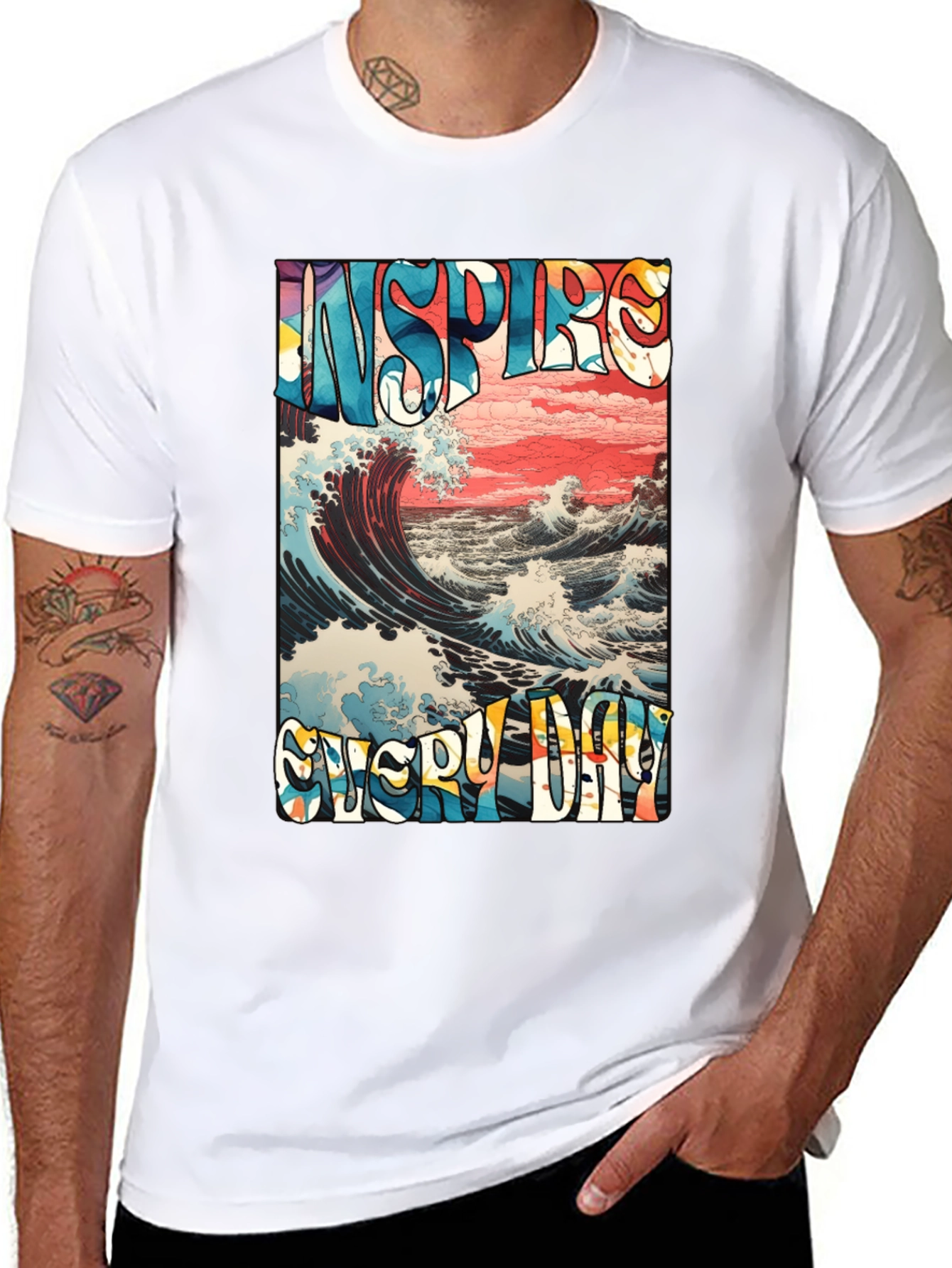 Black Inspire Every Day Graphic T-Shirt - Ocean Wave Design view 8