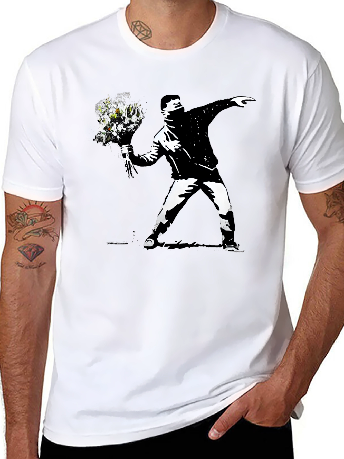 Black Banksy Flower Thrower Graphic Black T-Shirt view 8