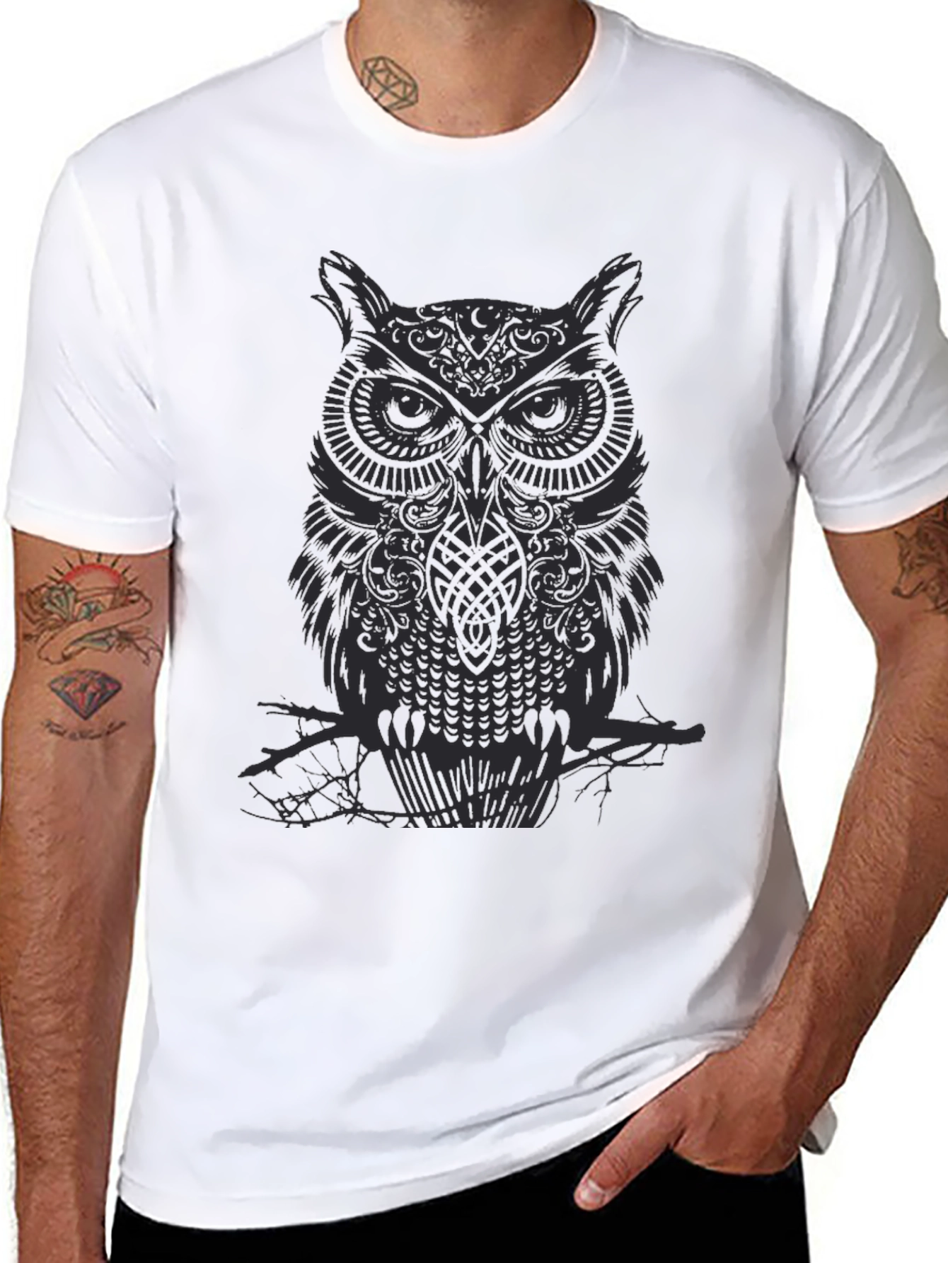 Black Men's Owl Graphic Print Black Crew Neck T-Shirt view 8