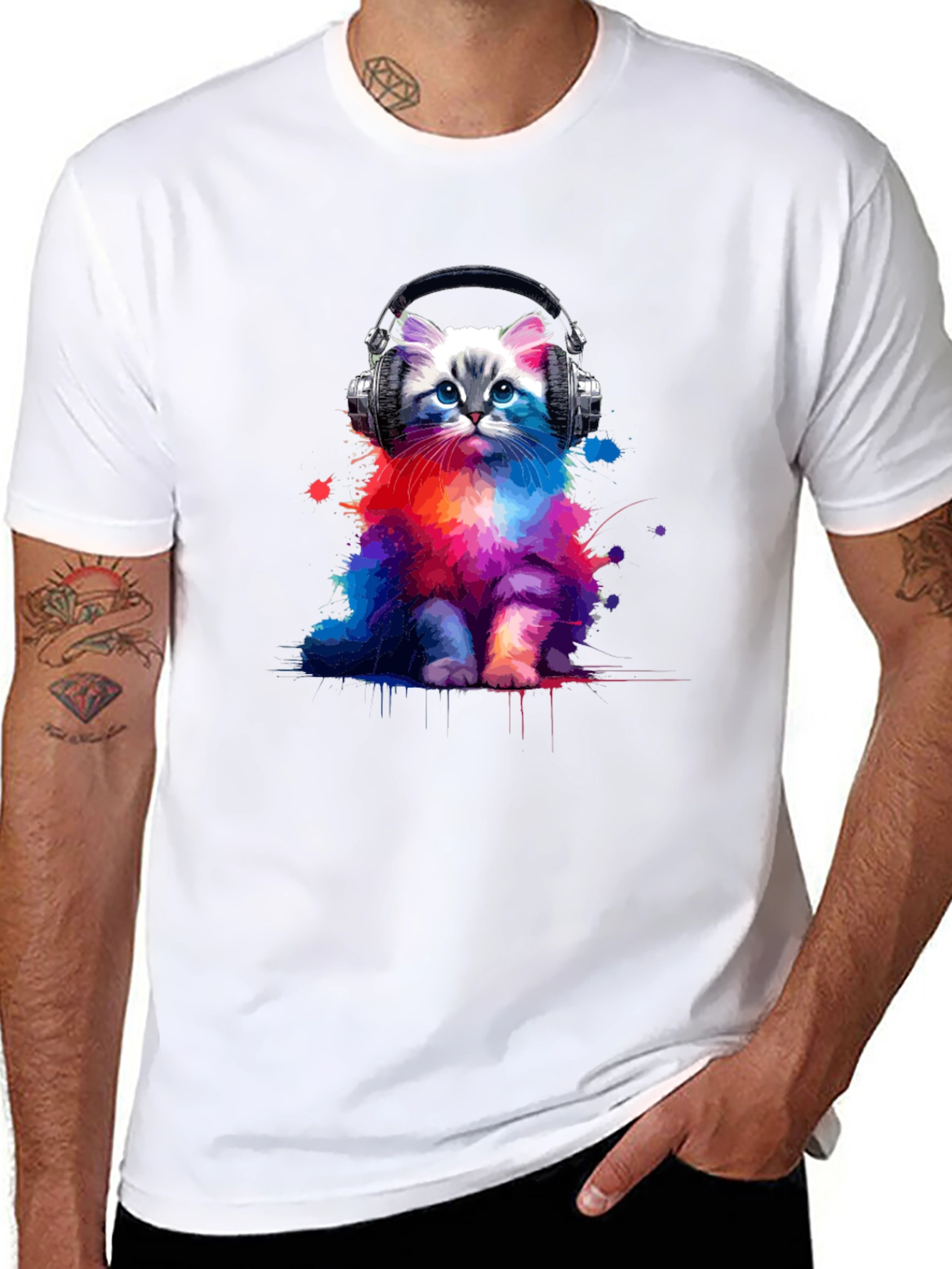 Black Colorful Cat Headphones Graphic Tee view 8