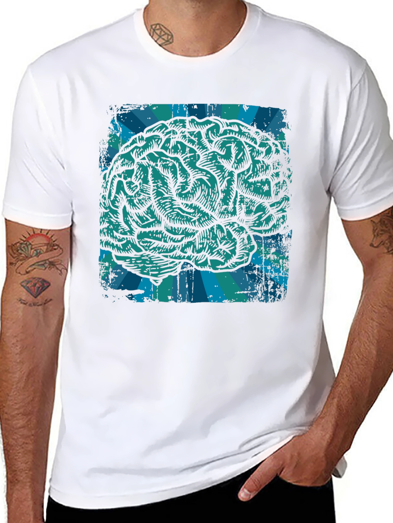 Black Brain Graphic T-Shirt - Teal Illustration on Black Cotton Tee view 8
