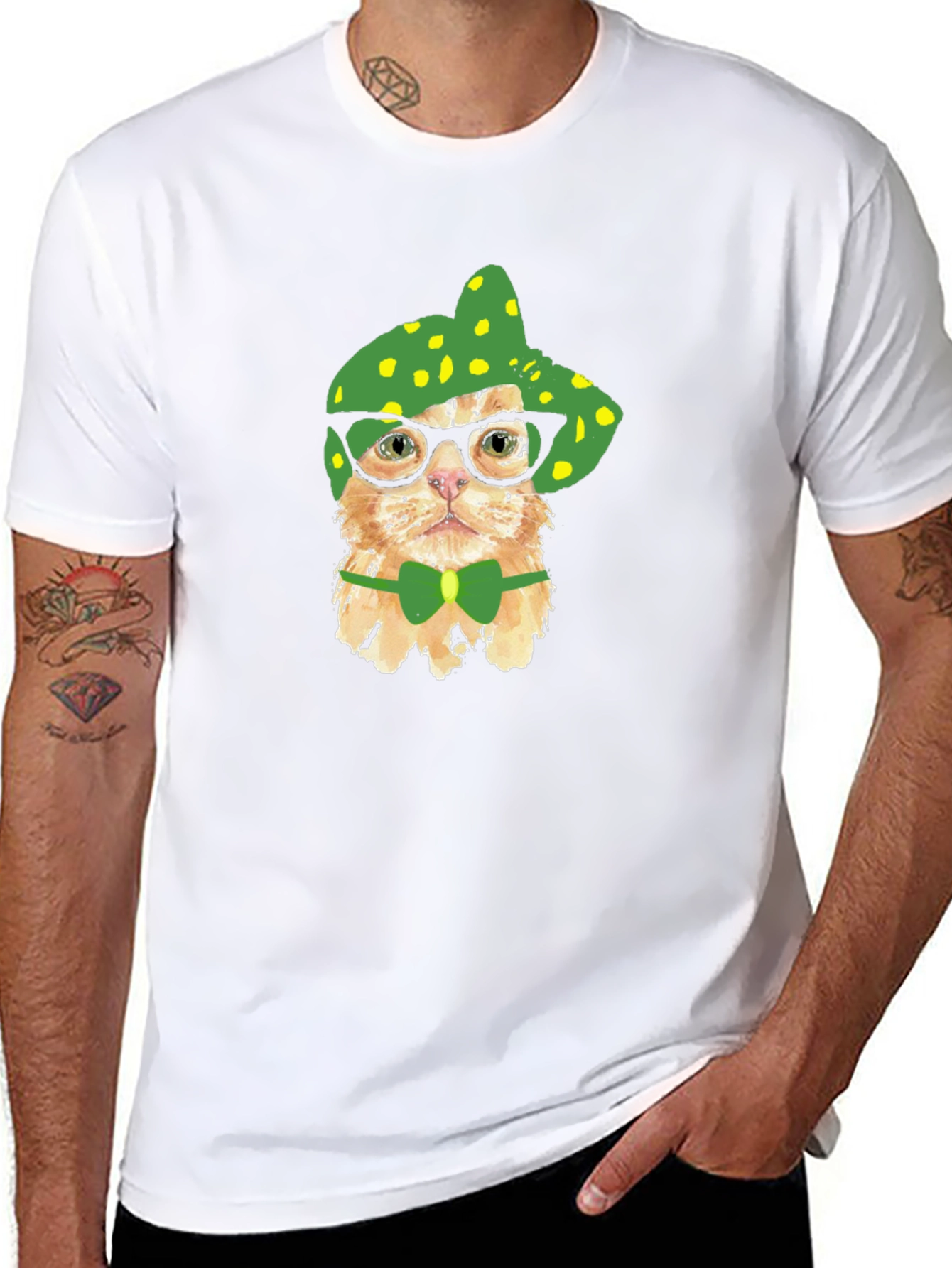 Black Funny Cat T-Shirt - Cat with Glasses and Bowtie view 8