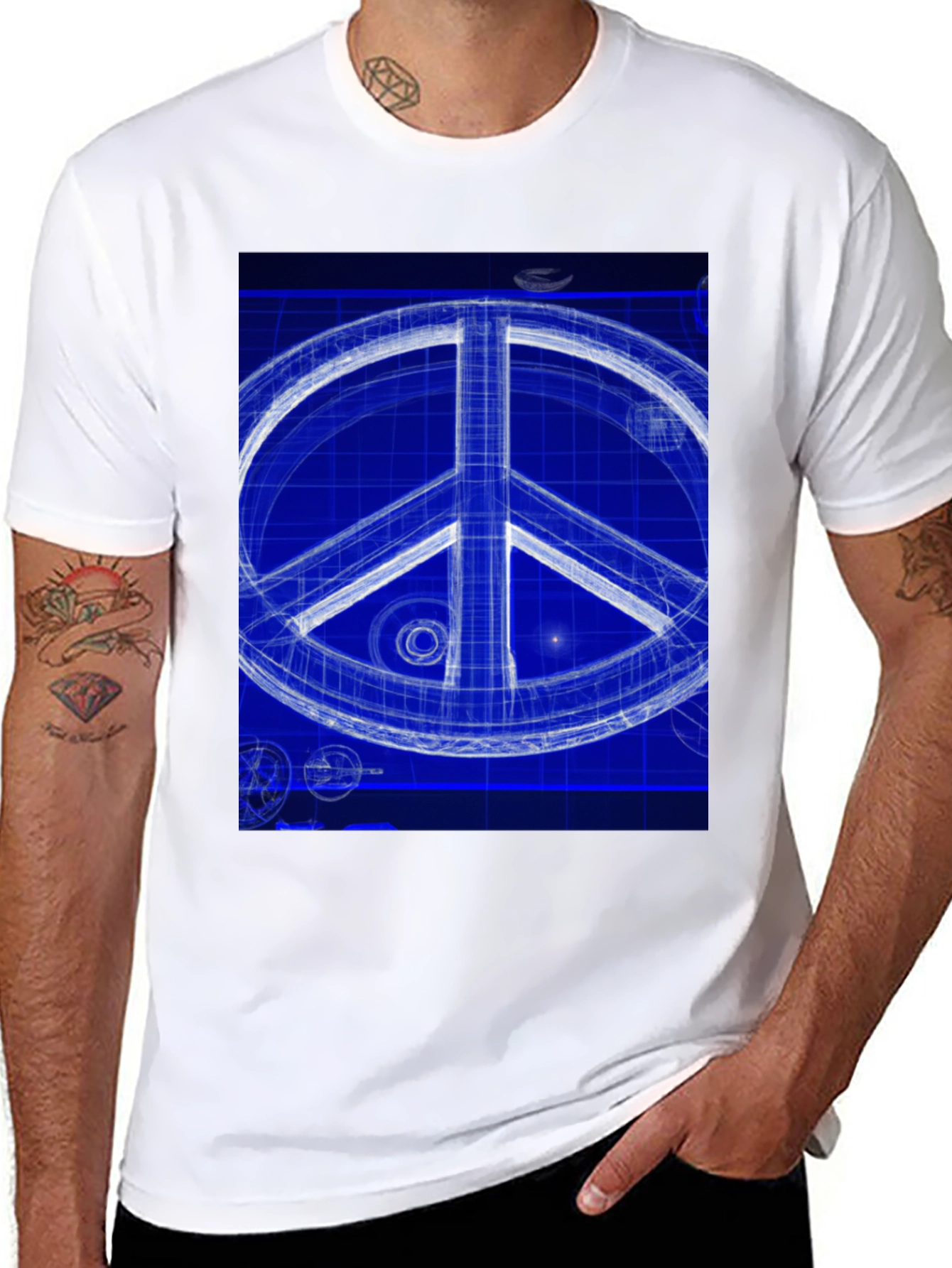 Black Blueprint Peace Sign Graphic T-Shirt view 8