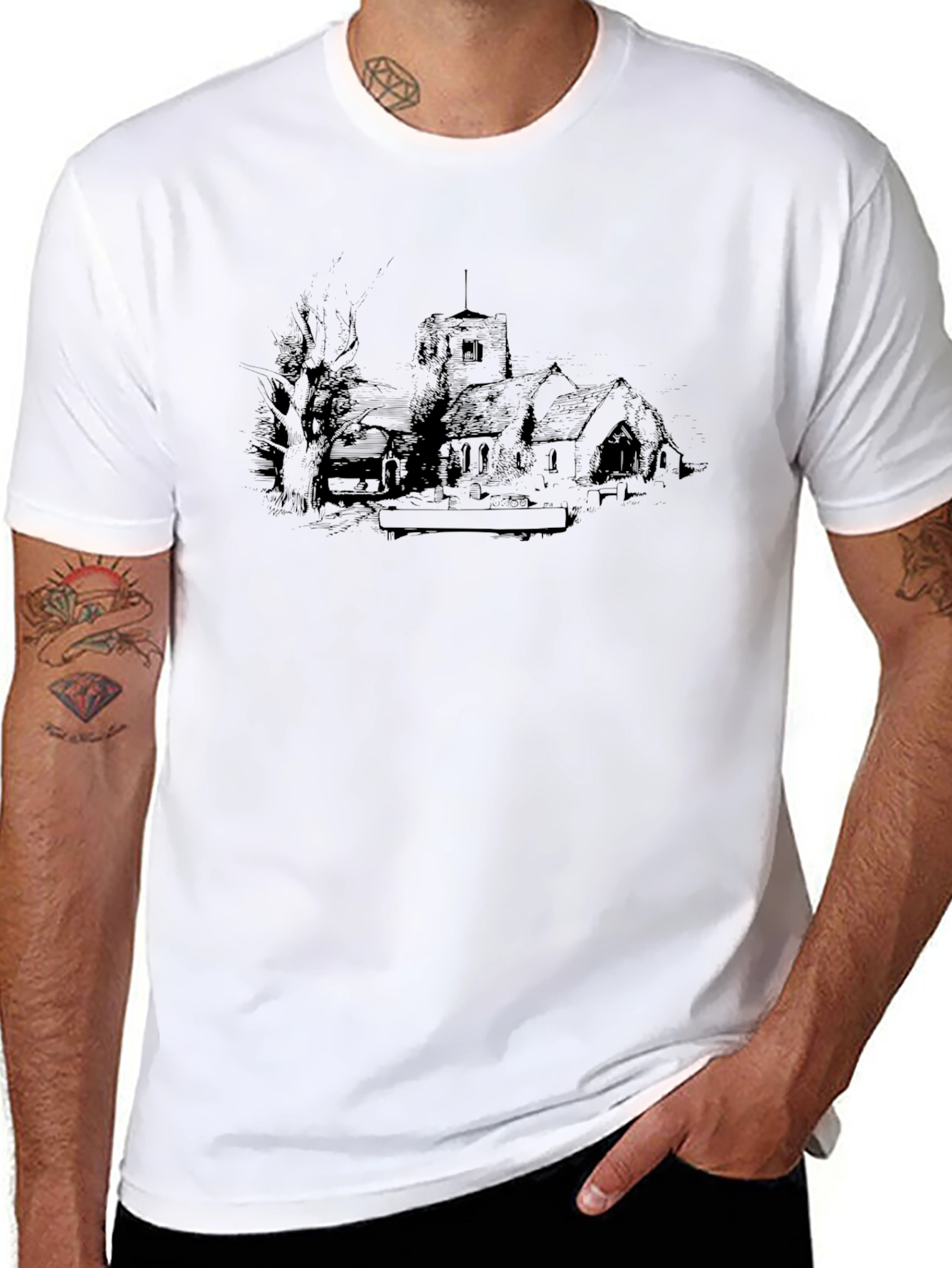 Black Vintage Church Sketch Graphic Tee - Black view 8