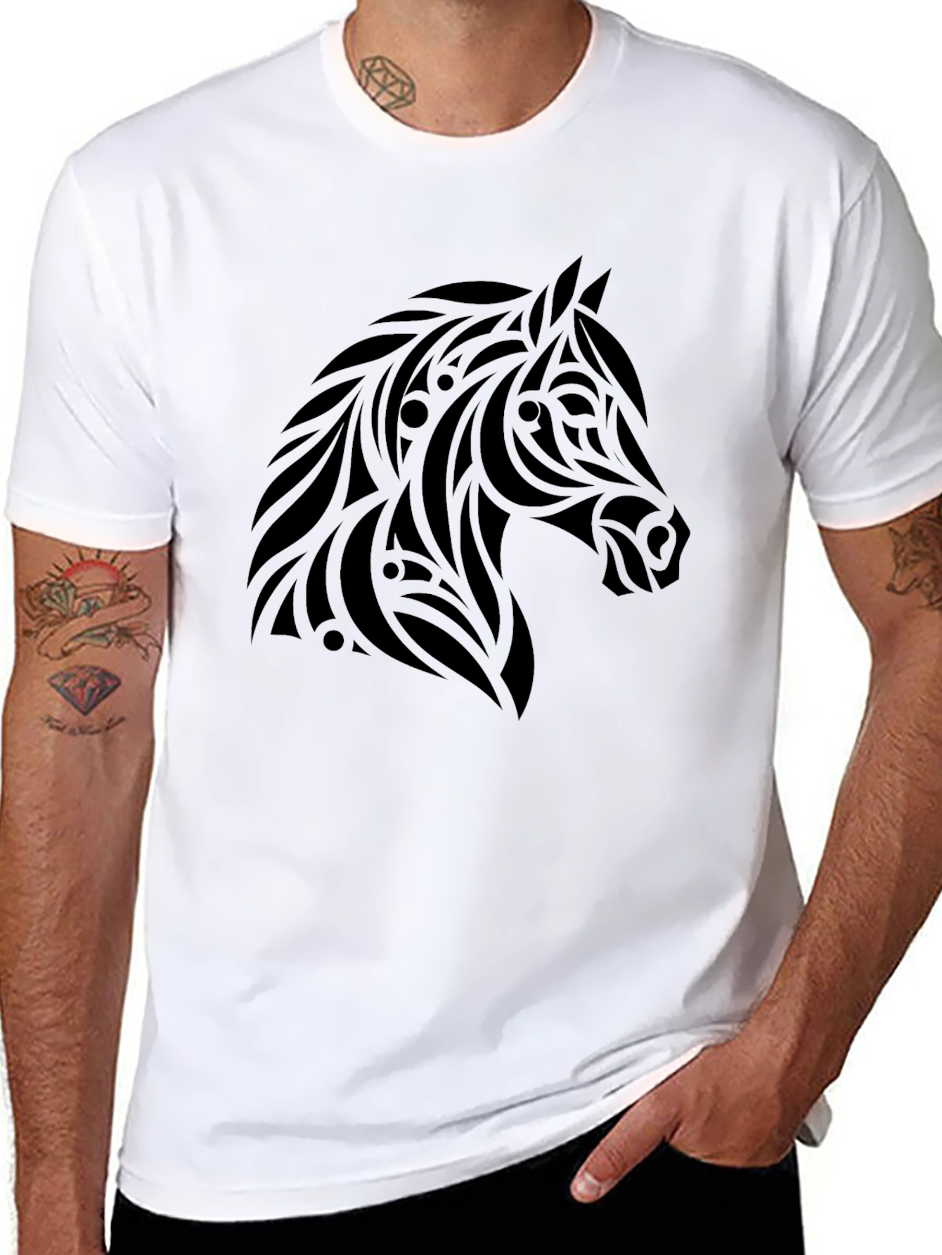 Black Tribal Horse Graphic Tee - Black Cotton Casual view 8